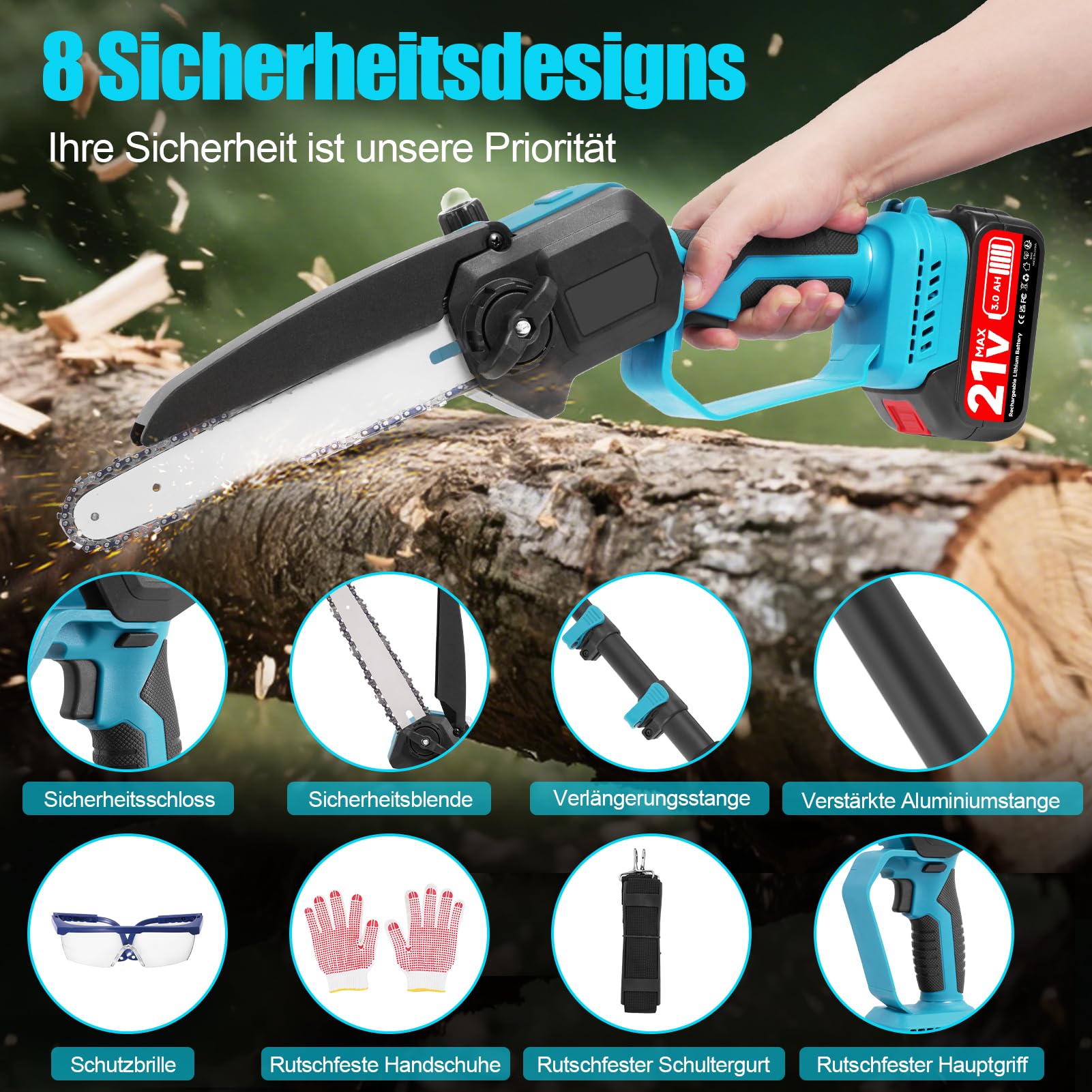 Mini motosierra 2 en 1 de 8 pulgadas con barra telescópica, batería de podadora, motosierra profesional, sierra telescópica con batería de 2 x 3,0 Ah, altura de trabajo de hasta 6,7 pies, para ramas