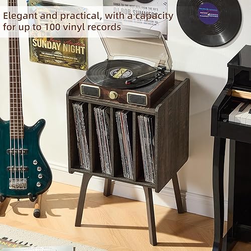 Miniatura 4 de LELELINKY - Soporte para tocadiscos, mesa de almacenamiento para discos de vinilo con patas de madera, almacena hasta 100 álbumes, moderna mesa para