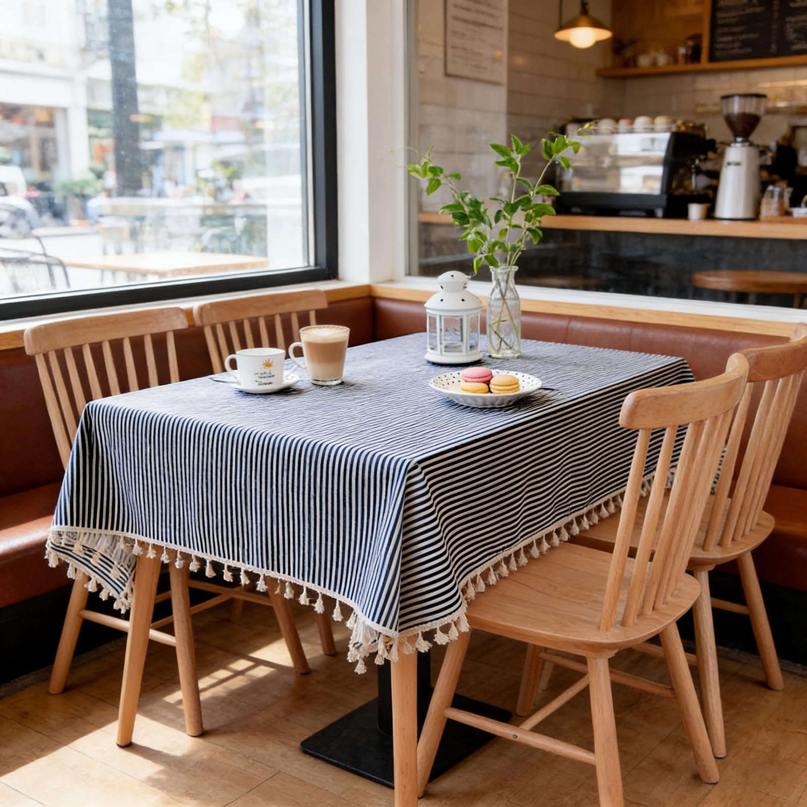 Skcess Dining Table Cloth, Navy Blue Tablecloth Striped with Tassels Dust-Proof Table Cover for Coffee Party Restaurant Tabletop Decoration, 55 X 55 Inch