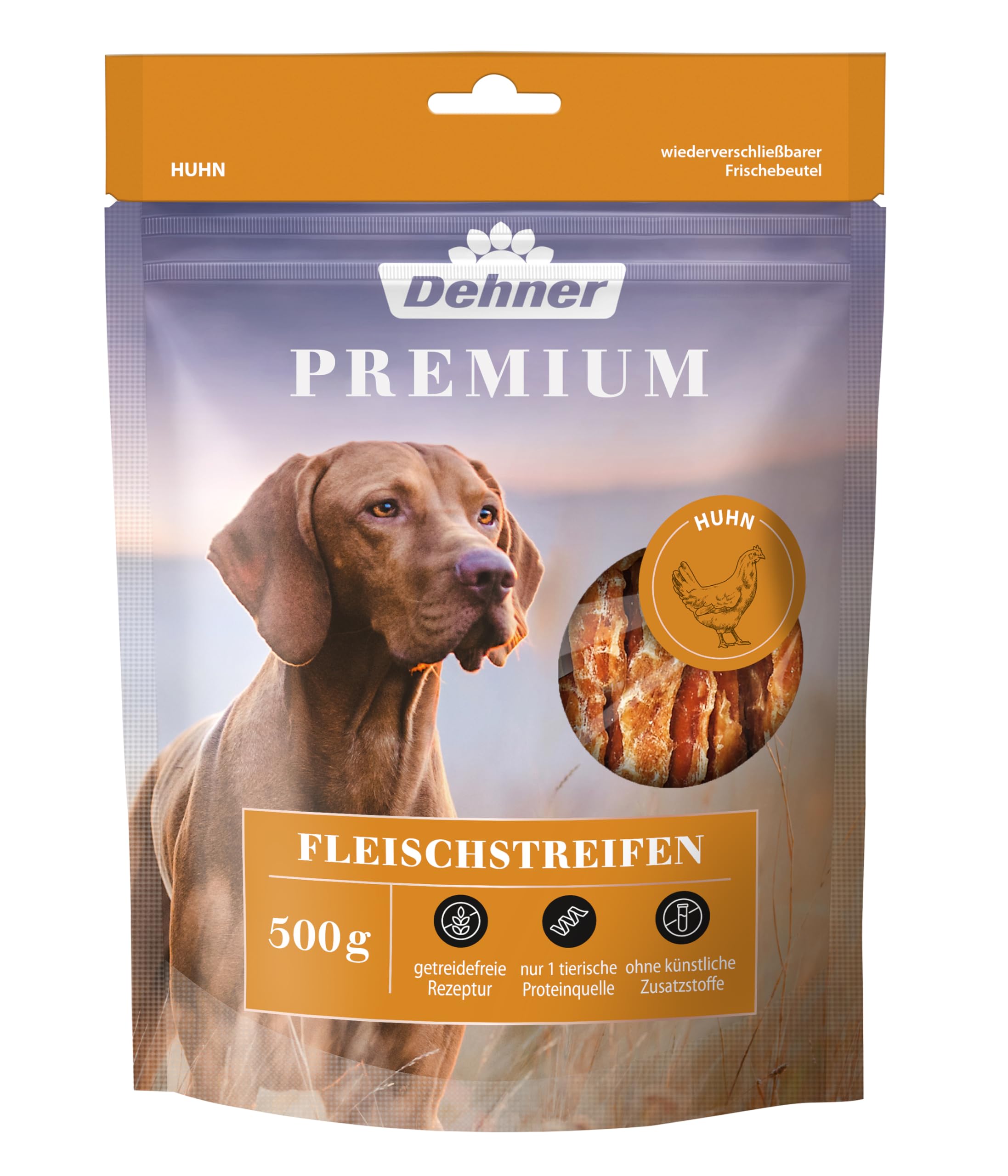 Dehner Premium Hundesnack, Leckerli getreidefrei / fettarm, Kausnack für ausgewachsene Hunde, Hühnerbrustfilet in Streifen, 500 g