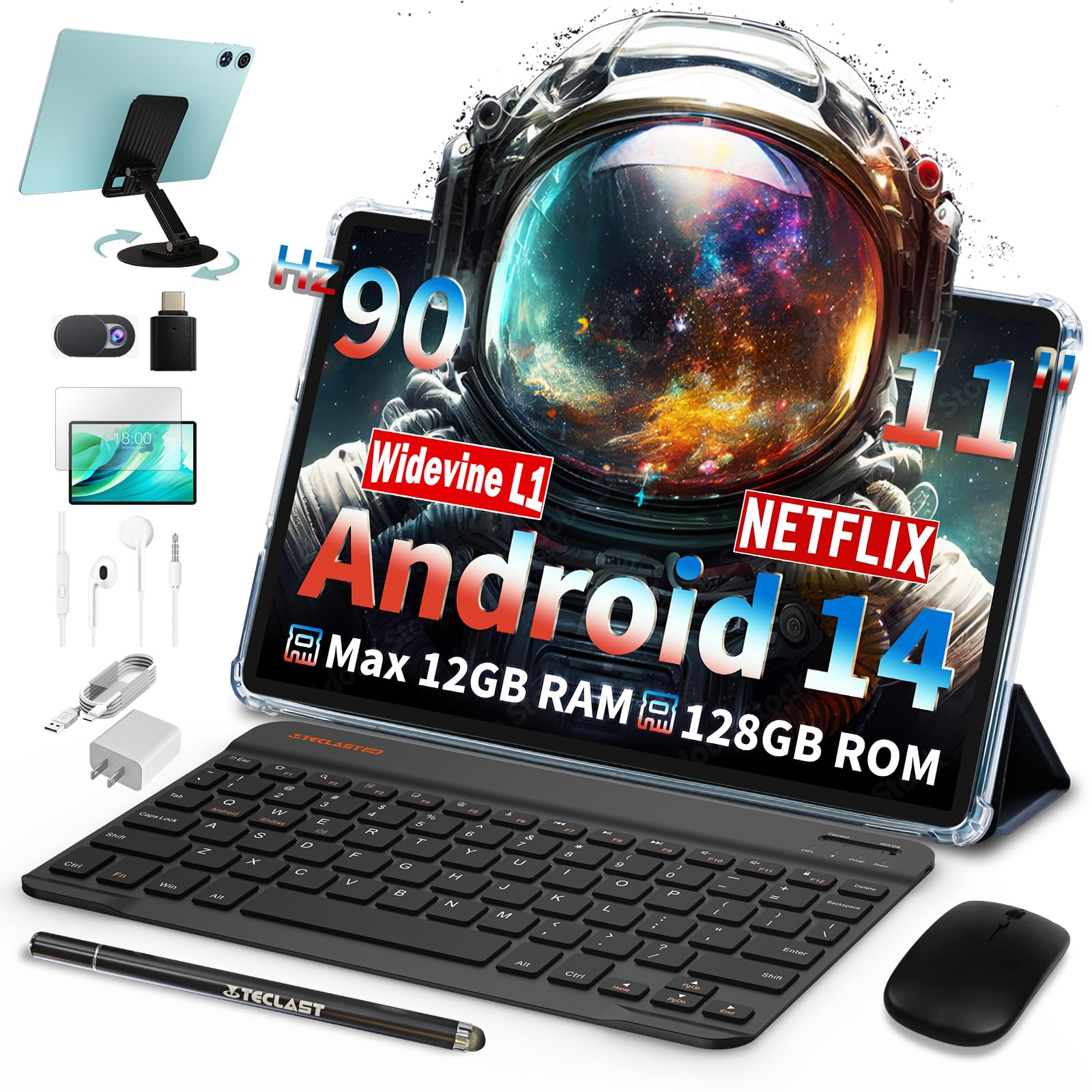 TECLAST P50Case Tablet 11 Pollici 90Hz Android 14 Tablets 2.0GHz Octa-Core, 12GB RAM+128GB ROM/TF 4TB/7000mAh/Widevine L1/GPS/BT5/OTG/Tablet con Tastiera+Custodia+Penna+Auricolari, 10 Accessori-2025