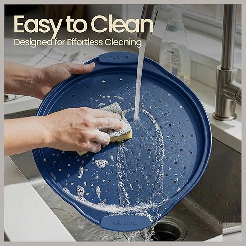 Miniatura 7 de Sartén para hornear pizza Bakken - Bandeja redonda perforada de acero al carbono con revestimiento de mármol antiadherente, mango de silicona extra