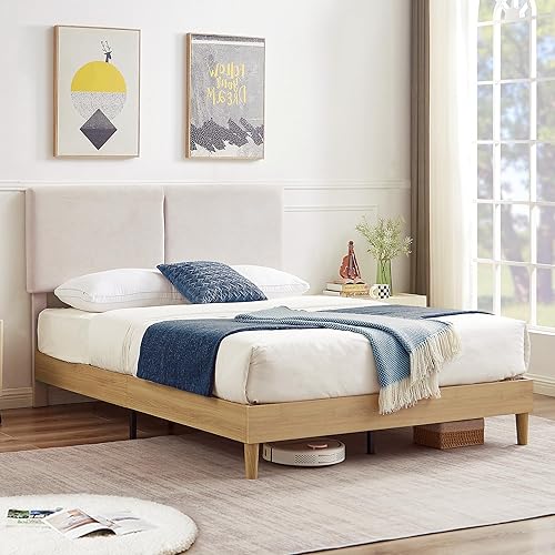 Miniatura 7 de VECELO Base de cama tamaño Queen tapizada con cabecera de algodón y lino ajustable en altura, listones de madera resistente, espacio debajo de la