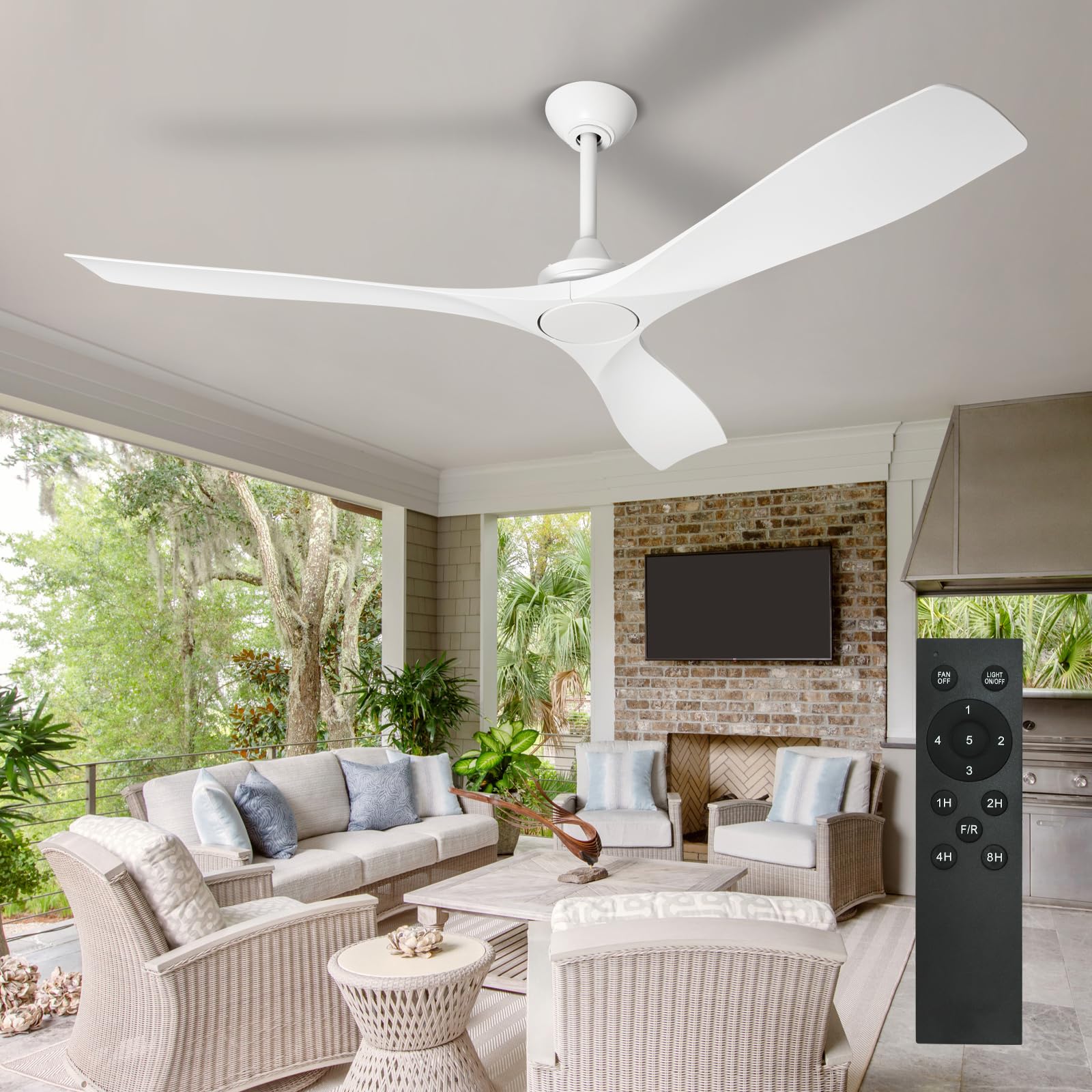 White Ceiling Fan with Remote: 3 Blades Ceiling Fans Reversible 5 Speeds Timer - 52 Inch Ceiling Fan No Light for Covered Outdoor Living Room Bedroom