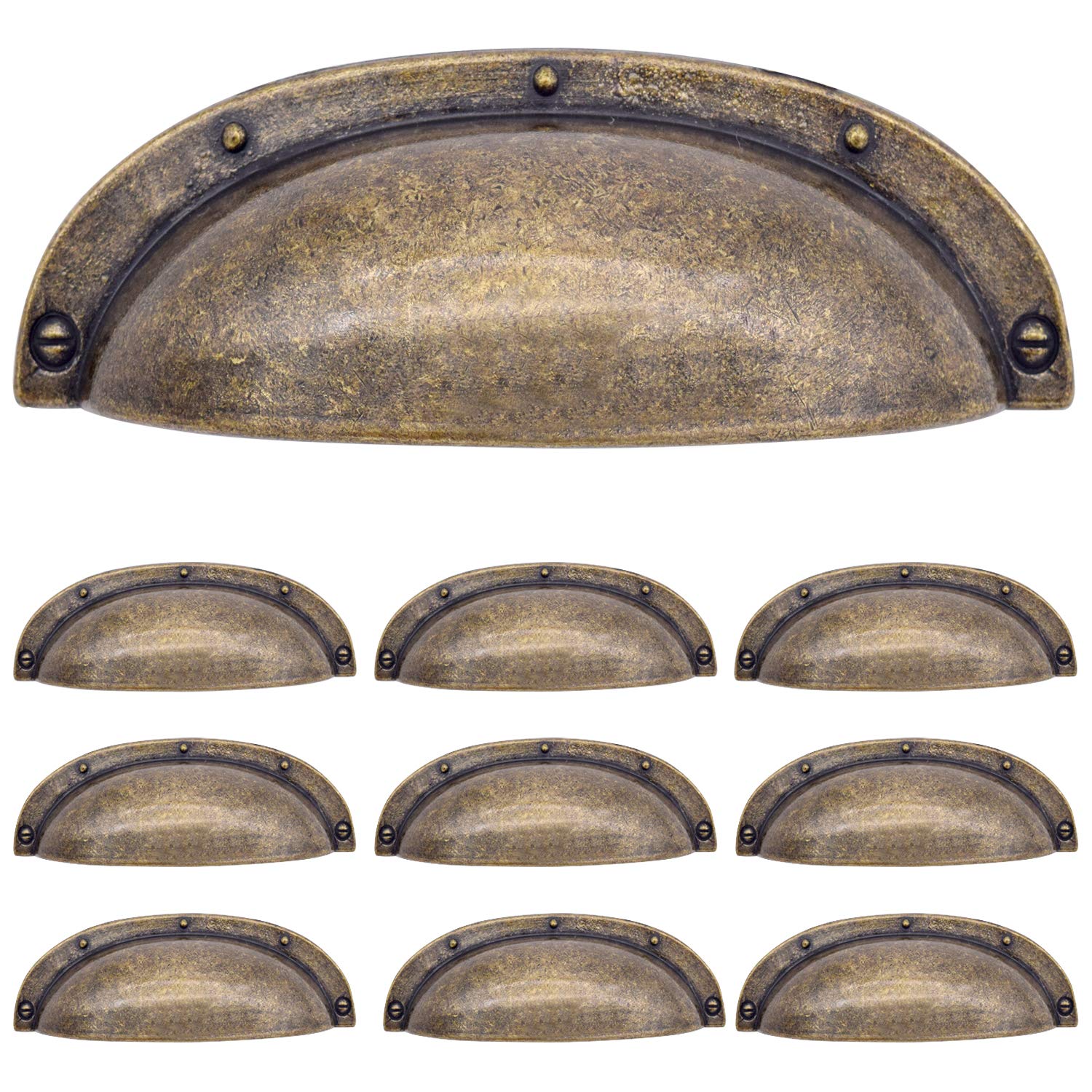 Arch Cup Handle Pull Antique Brass 3 3/4 (96mm) inch Drawer pulls Bronze Kitchen Cabinet Hardware Shell Handle Bin Cup Drawer Handle Pull 2.5" Inch (64mm) Hole Centers Pack of 10 (Yellow Bronze)