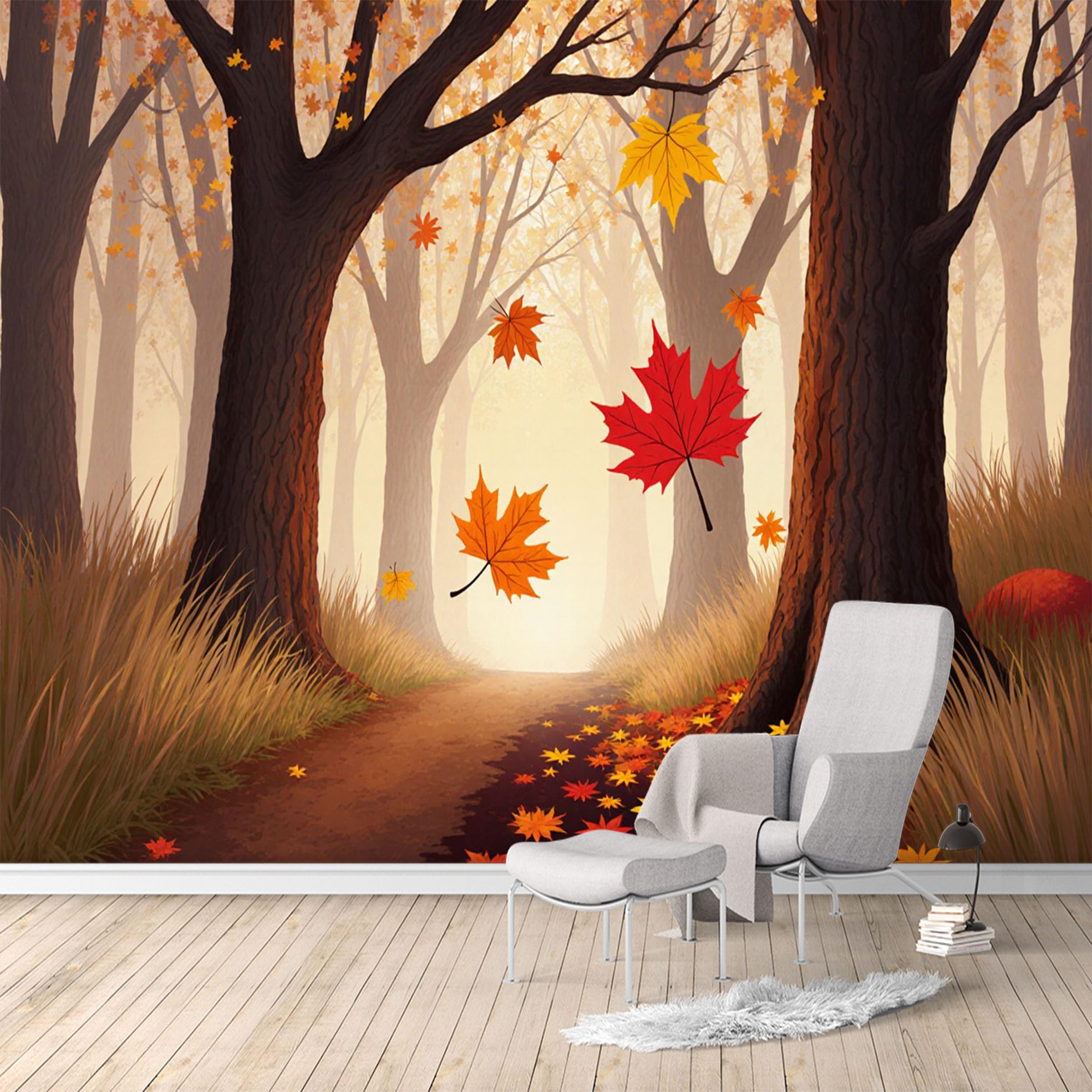 Custom Size Wall Murals, Autumn Forest Path Falling Maple Leaves Scenic, SelfAdhesive Water Activated Removable Wall Covering, Large Photo Wallpaper for Living Room Bedroom Office