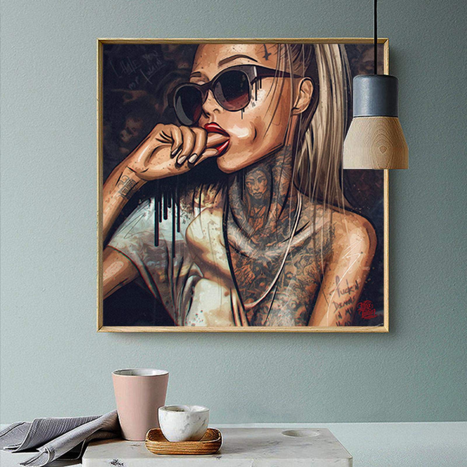 Sztuka ścienna druk na płótnie obraz fajny tatuaż hip-hop dziewczyna plakat na ścianie modny obraz do salonu dekoracja domu 60 x 60 cm bez ramki