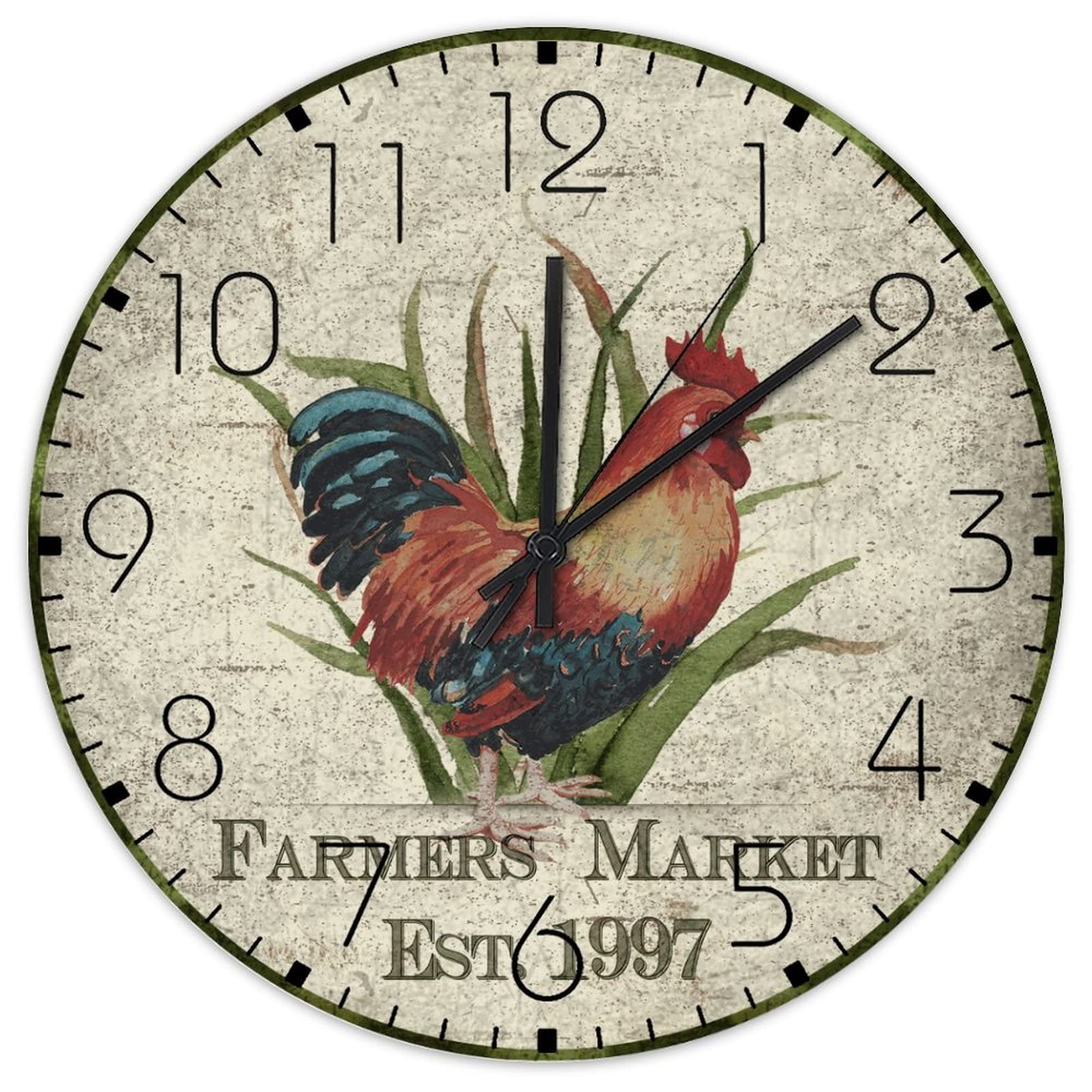Horloge murale coq et poulet silencieuse ronde de 38 cm pour la cuisine
