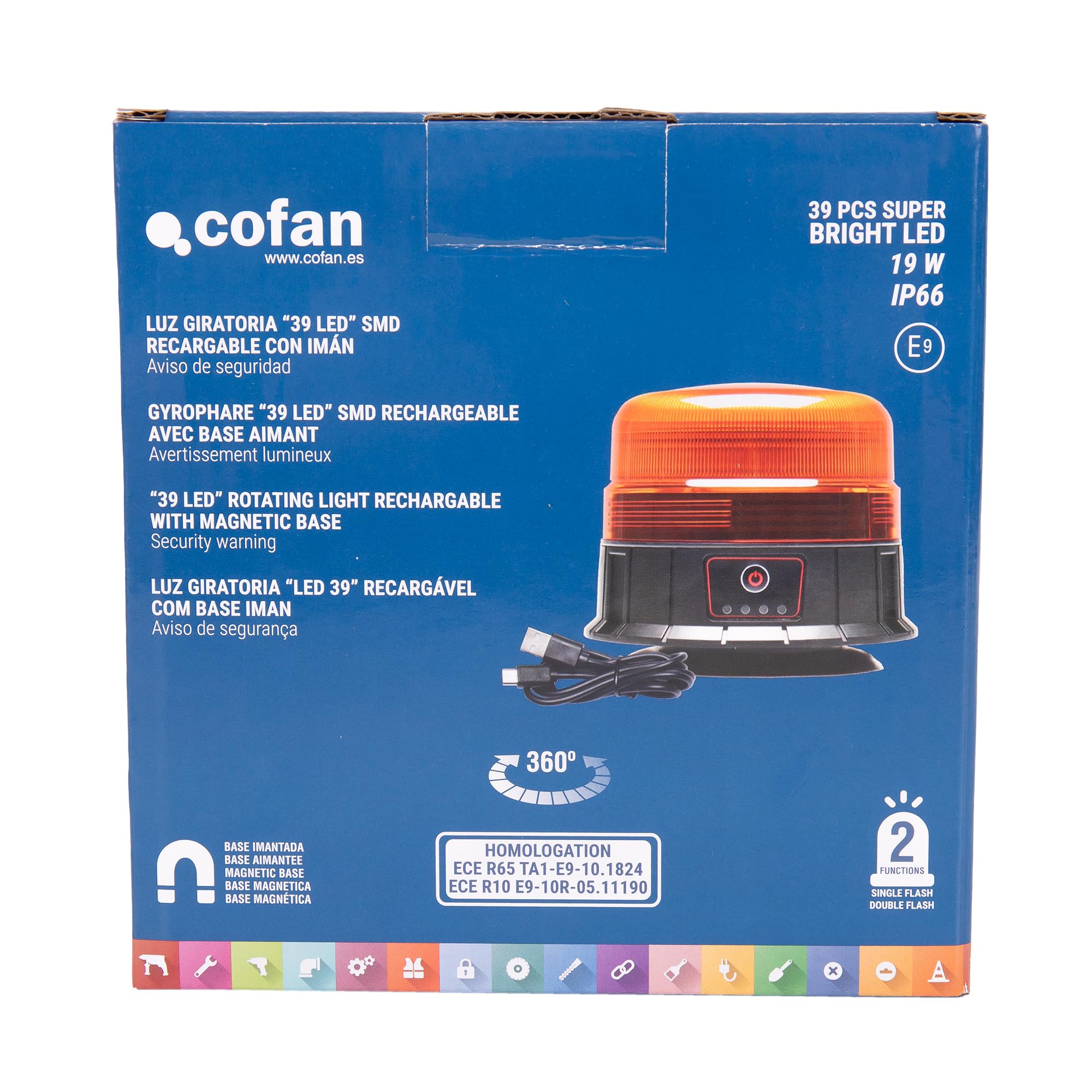 Cofan Luz Giratoria LED Ámbar con 39 SMD | Recargable por USB-C | Imán Fuerte | 7h de Autonomía | IP66 | Para Vehículos Industriales y Agrícolas