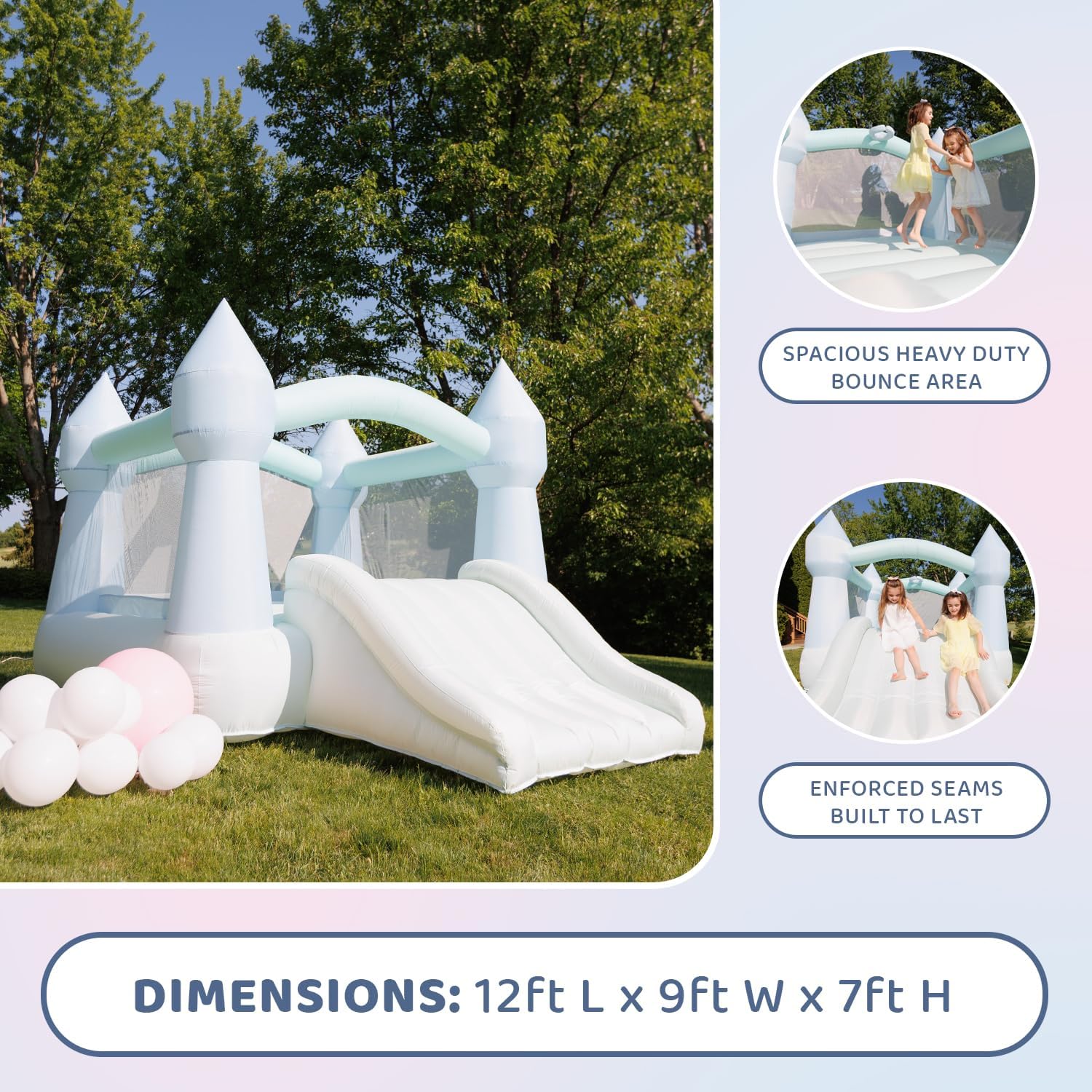 Bounceland Bouncy Castle Daydreamer Mist Bounce House, Pastel Bouncer with Slide, 12 ft L x 9 ft W x 7 ft H, UL Blower Included, Trendy Bouncer for Kids, Indoor and Outdoor Use