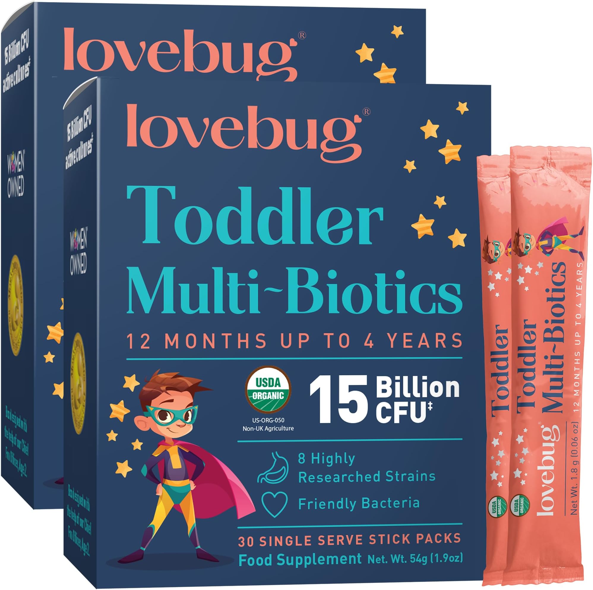 Lovebug Kids Probiotic Powder - 15 Billion CFU Multi-Strain Formula - Friendly Bio Cultures to Support Gut Health for Children & Toddlers Aged (12 Months to 4 Years) - 60 Unflavoured Sachet Pack
