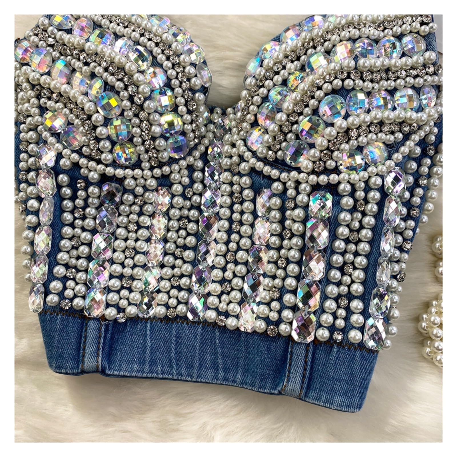 Top Brillantinato Donna Donna Estate Denim Canotta Corsetto Top Costruito in Reggiseno Cristallo Diamanti Perla Jeans di Lusso High Street Club Festa