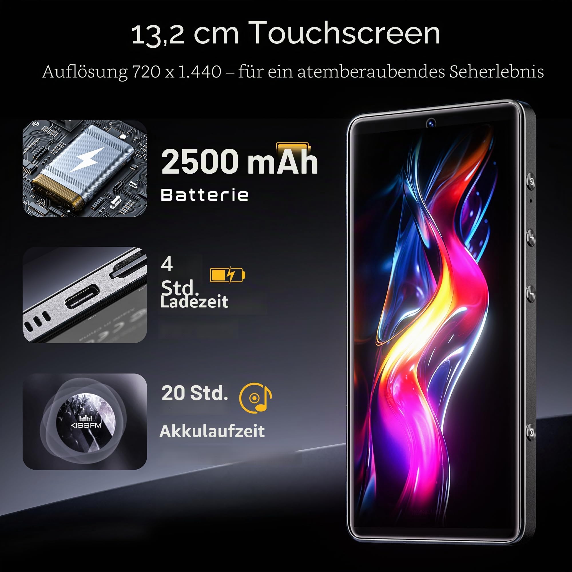HIFI WALKER G7 Pro MP3 Player Android 13 mit WLAN & Bluetooth, 5,2" HD Touchscreen, MP4 Player mit Spotify, 3GB RAM 32GB ROM, Dual Kamera, Erweiterbarer Speicher, Lautsprecher (Schwarz-160GB)