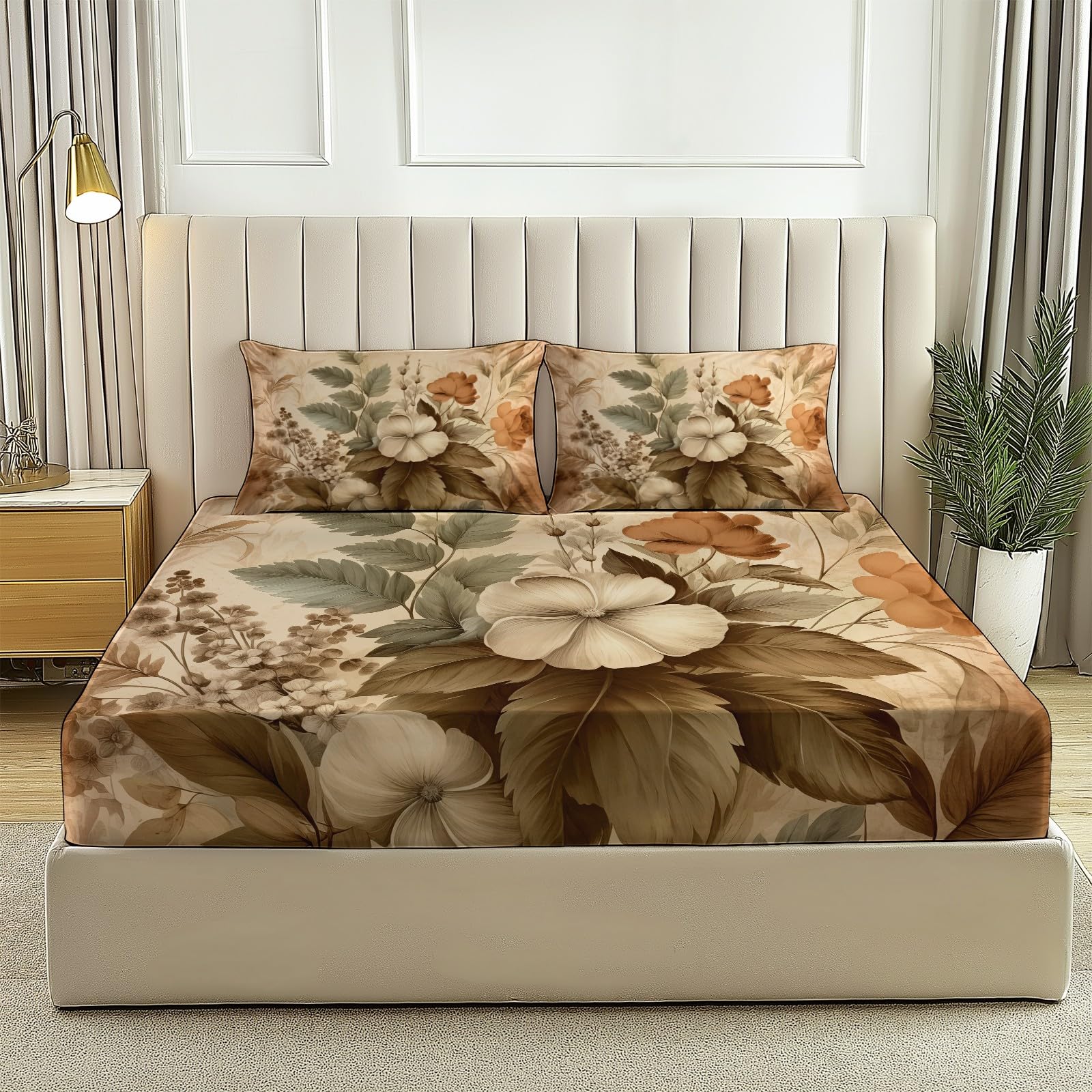 Weiche Spannbettlaken 180 x 200 cm - Retro Blätter Blumen Muster Mikrofaser Spannbetttuch mit Gummizug, Braungrau Spannbettlaken bis 30 cm hohe Matratzen für Kinder Mädchen Kids