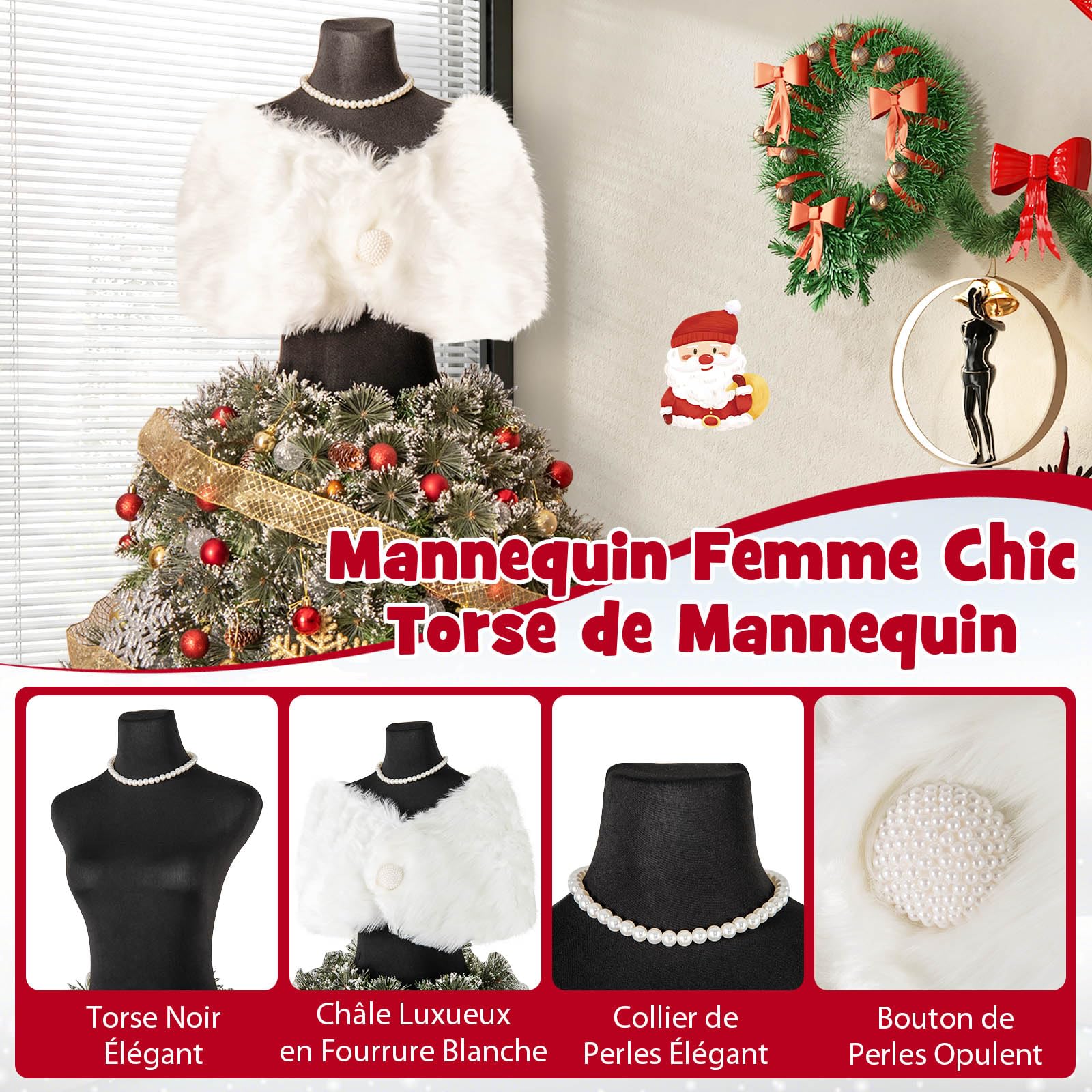GYMAX Sapin de Noël Artificiel 150 cm Lumineux et Mannequin 2-en-1, avec Châle Blanc, Collier, 50 Lumières LED Blanc Chaud, 465 Branches et 36 Pommes de Pin, Décoration pour Magasin, Maison
