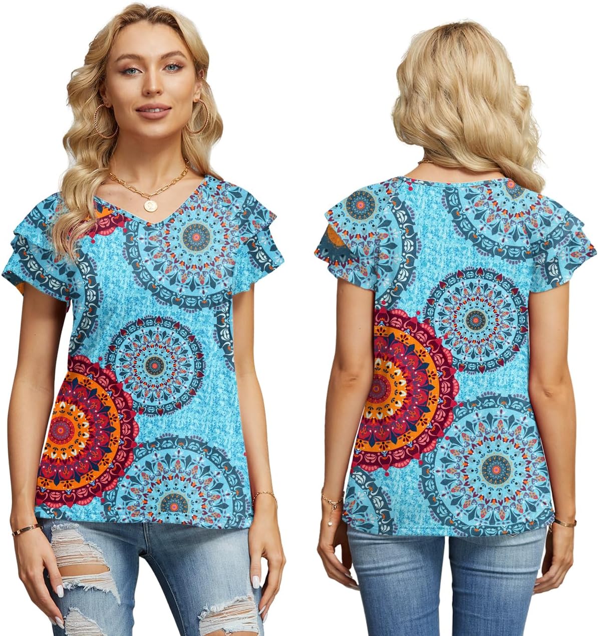 Womens Floral Tops Ruffle Sleeve Shirts for Women V Neck Loose Fit Casual Tee Tunics - Image 2