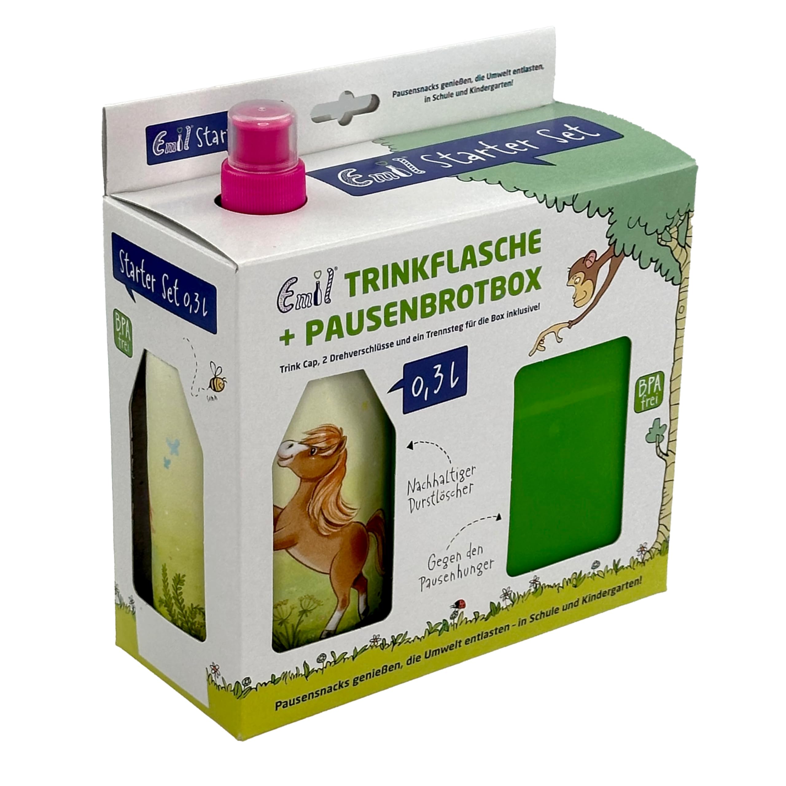 Emil Glas Trinkflasche Starterset 0,3l Pony – mit Brotbox & 3 Verschlüsse, isolierte Kinderflasche für Kita, Kindergarten & Schulstart, schadstofffrei