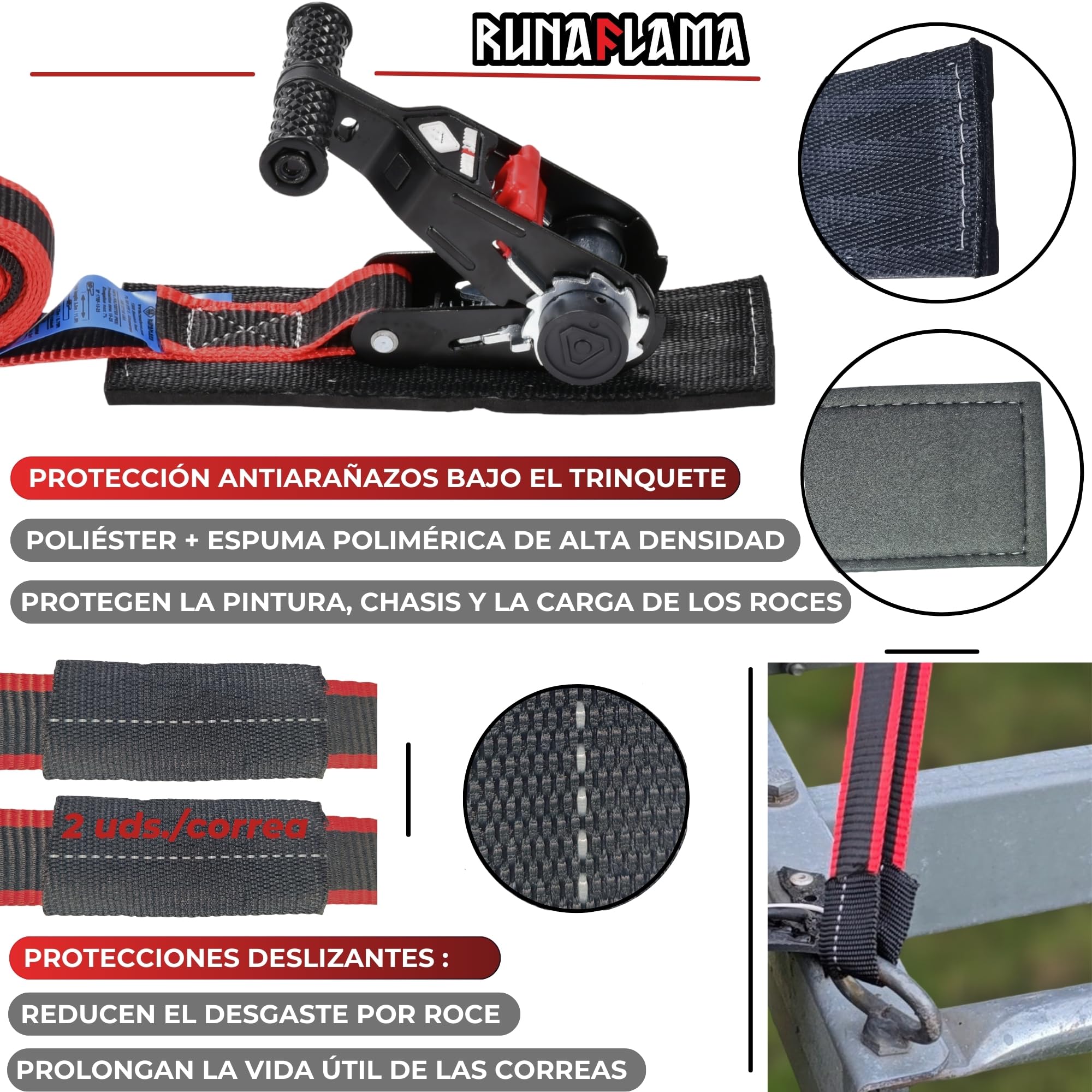 RUNAFLAMA - Cinchas de Amarre Carraca con Protección - Eslingas de Carga para Baca Coche, Surf, Kayak, Paddle - Trinchas de Sujeción a Portabicicletas - F. Rotura 1600 kgf/Cinta - 2 Correas de 3,5m — view 4