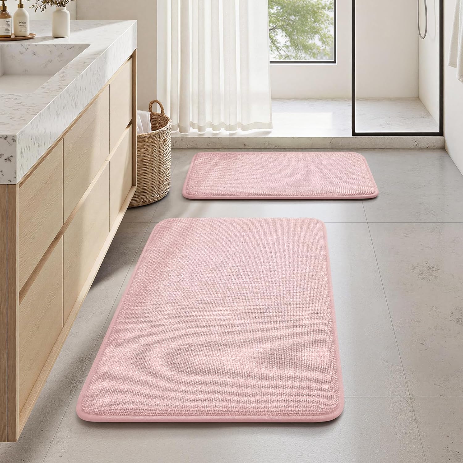 HOMEIDEAS Light Pink Memory Foam Bathroom Rugs Set 2 Piece, Soft Linen-Like Absorbent Bath Mat Set, Non-Slip & Machine Washable Bath Rugs, Boho Bathroom Rug for Shower and Tub (32"x20"+24"x17")