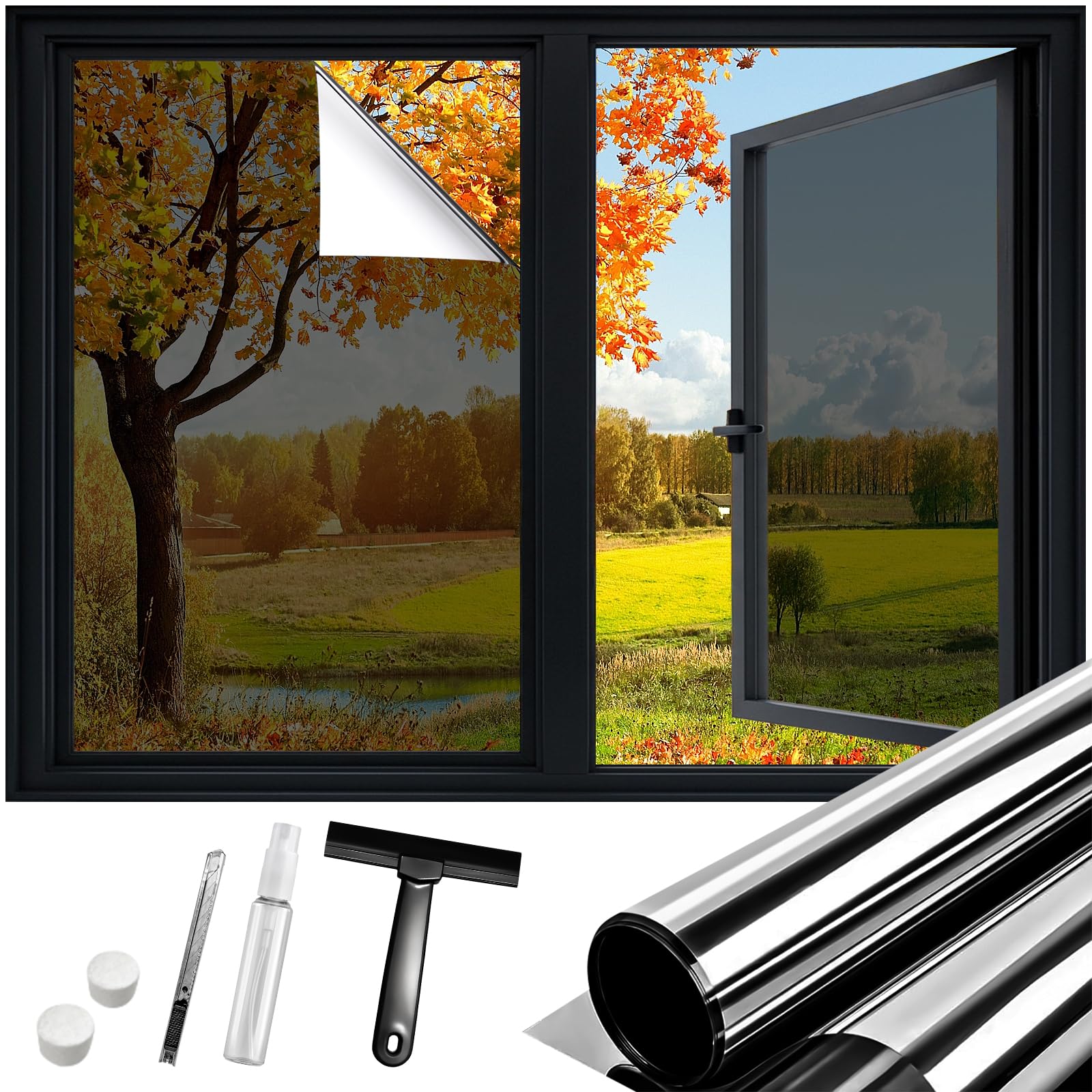 DUOFIRE One Way Window Film Privacy See Out Not in Heat Blocker Window Tint Reflective Windows Tinting Film for Home Static Cling Anti-UV Sun Blocking