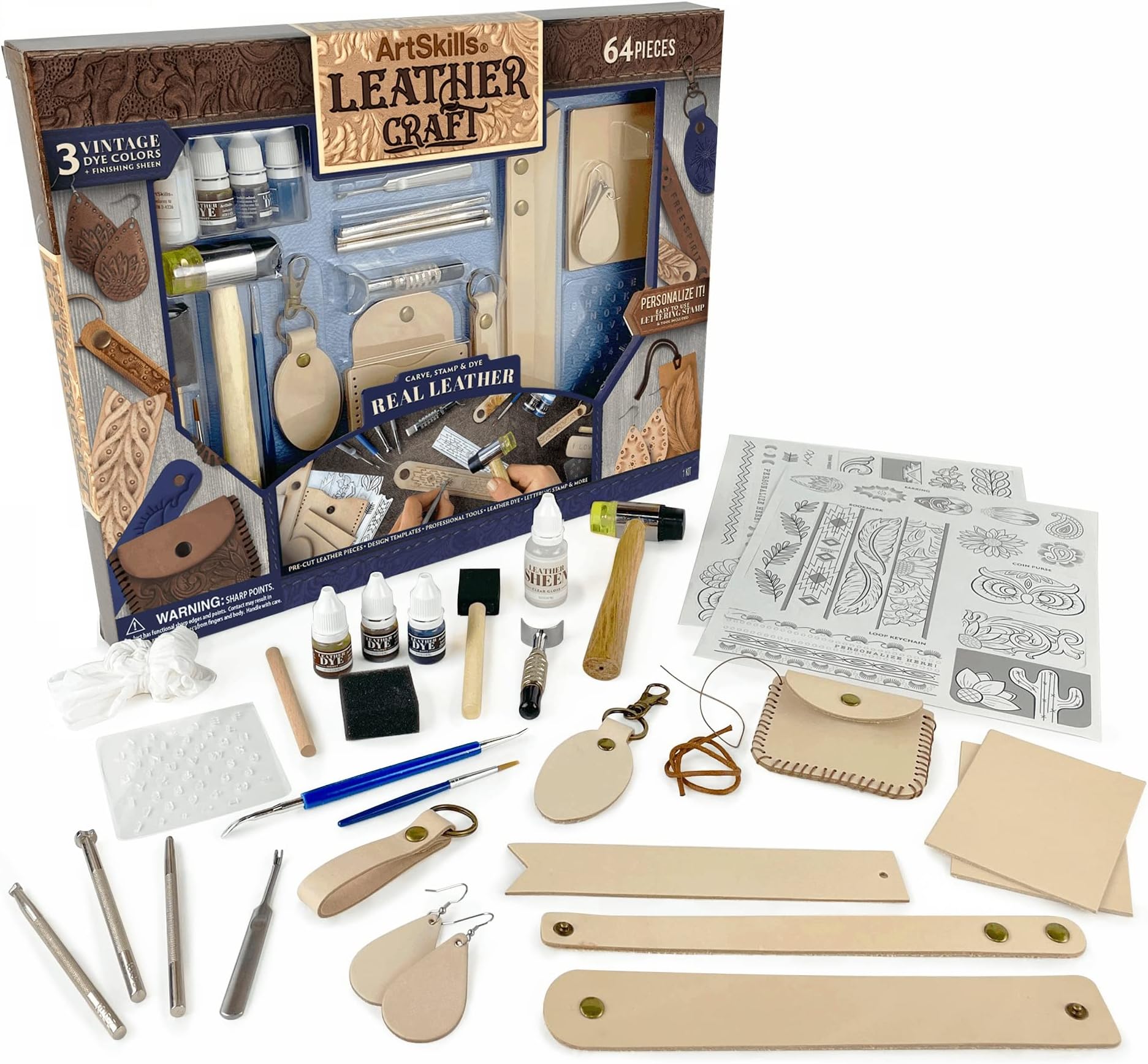 ArtSkills Leather Working Kit for Beginners with Leather Tools, Dyes, and Stamps - Arts and Crafts Kit for Adults & Teens, 64 pc