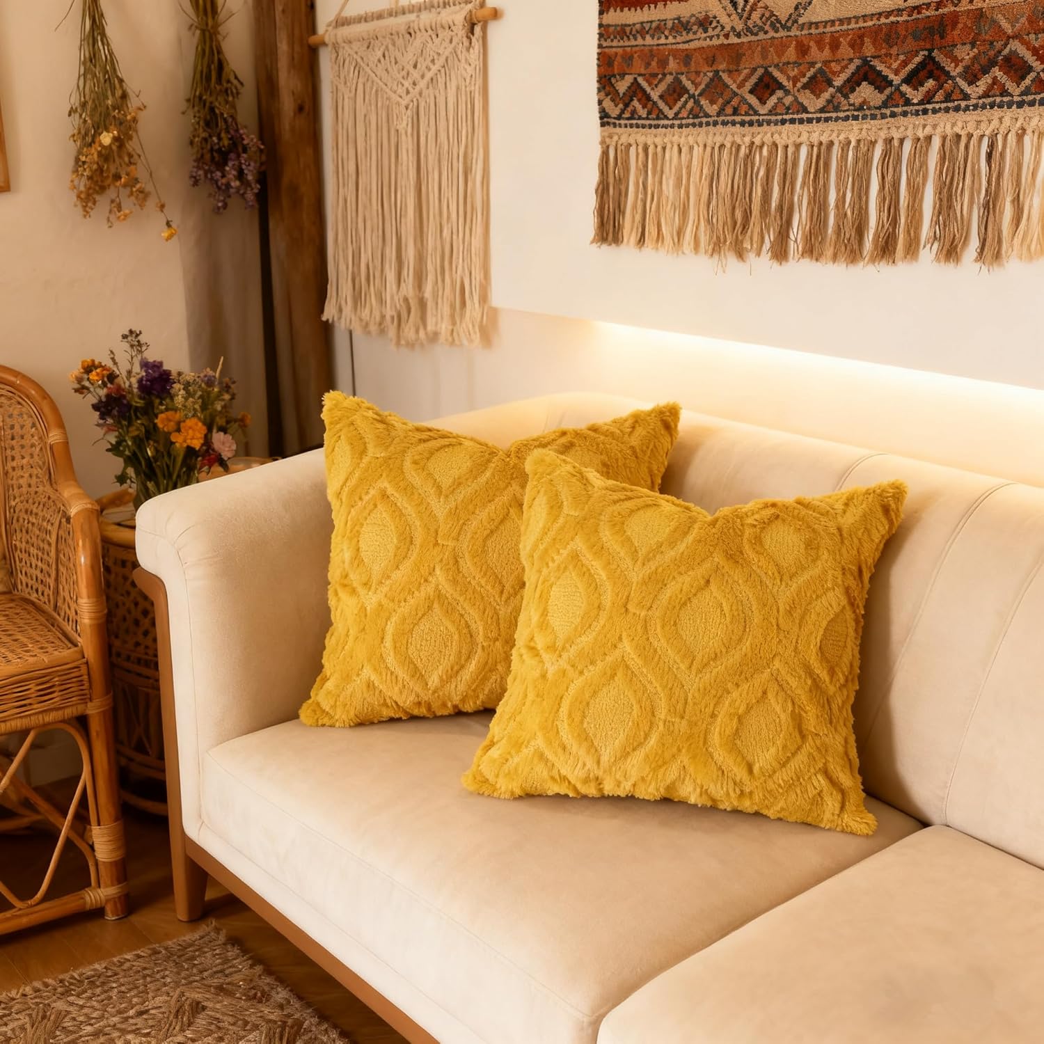 Pack of 2 Fall Decorative Throw Pillow Covers 18x18, Soft Plush Faux Fur Wool Couch Cushion Pillow Covers Cozy Boho Farmhouse Square Pillow Case for Living Room Sofa Bed Home Decor, Mustard Yellow - Image 2