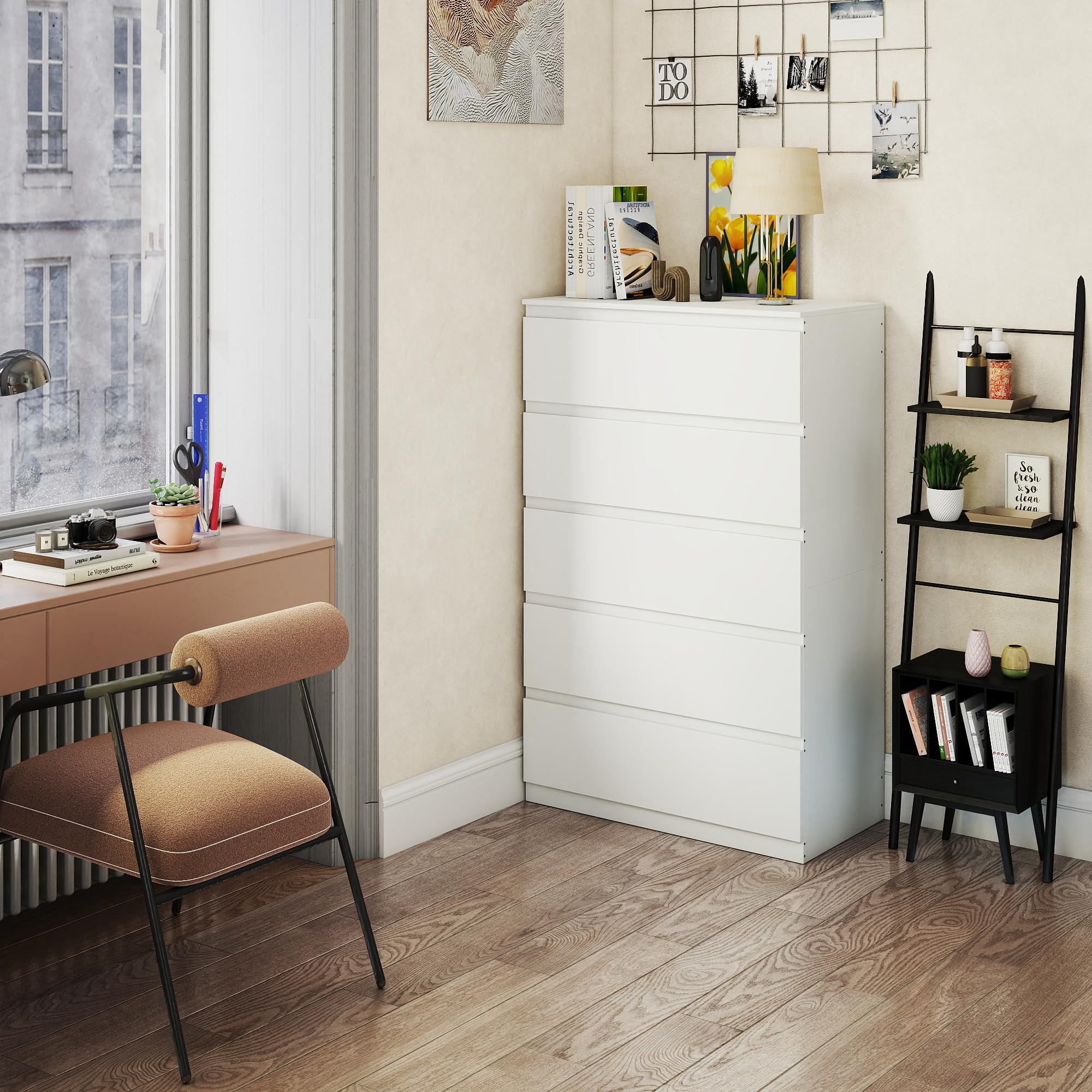 Cajonera con 5 Cajones, Ancho 60 cm, Comoda Dormitorio Blanca, Sinfonier Dormitorio, para Dormitorio, Salón, Oficina y Recibidor, 60x40x121 cm (A x F x A)