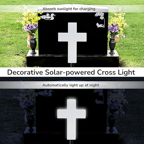 Miniatura 2 de yeesport Luz de cruz alimentada por energía solar, decoración de cementerio para tumba, cruz de cementerio para tumba, luz LED blanca, luz de estaca