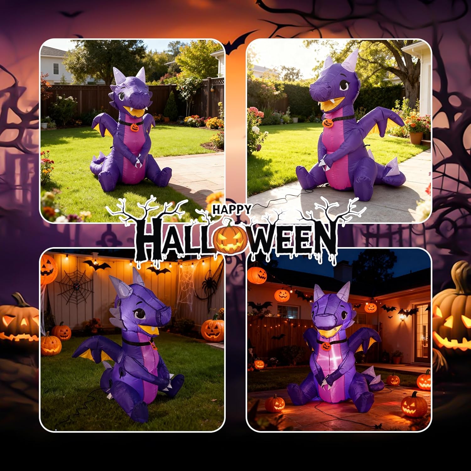 5 FT Halloween MiNi Dragon Inflatable Outdoor Decor, Cute Purple Mini Dragon Inflatable with Built-in LED Lights for Yards, Perfect for Indoor Parties, Garden Lawns & Holiday Decorations