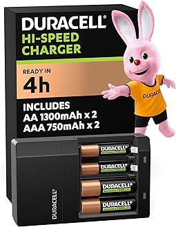 DURACELL Hi-Speed Battery Charger, 4 hours, Compatible with AA and AAA NiMh Batteries, 2x AA 1300mAh and 2x AAA 750 mAh, Rechargeable Batteries Included