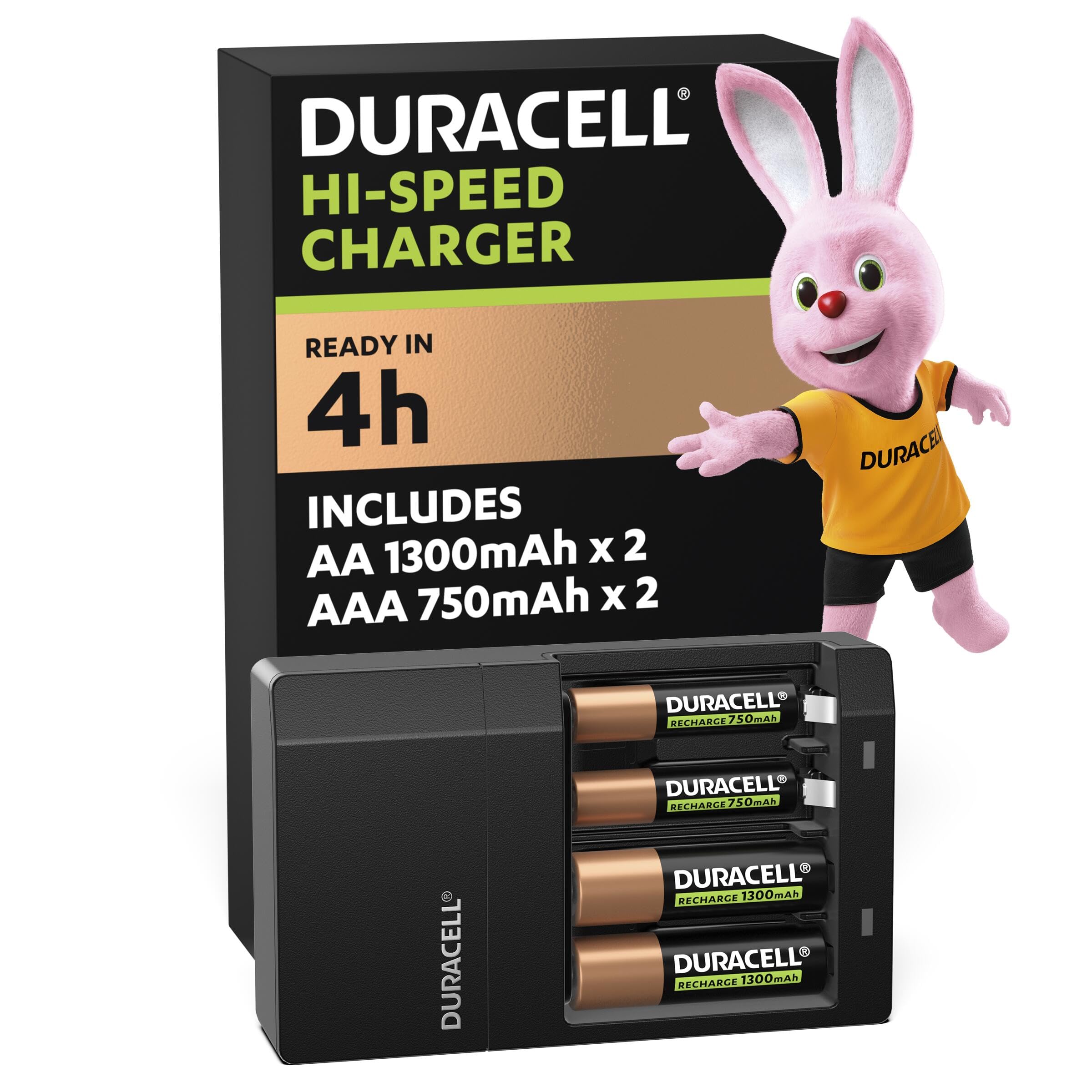 DURACELL Hi-Speed Battery Charger, 4 hours, Compatible with AA and AAA NiMh Batteries, 2x AA 1300mAh and 2x AAA 750 mAh, Rechargeable Batteries IncludedDURACELL Hi-Speed Battery Charger, 4 hours, Compati…