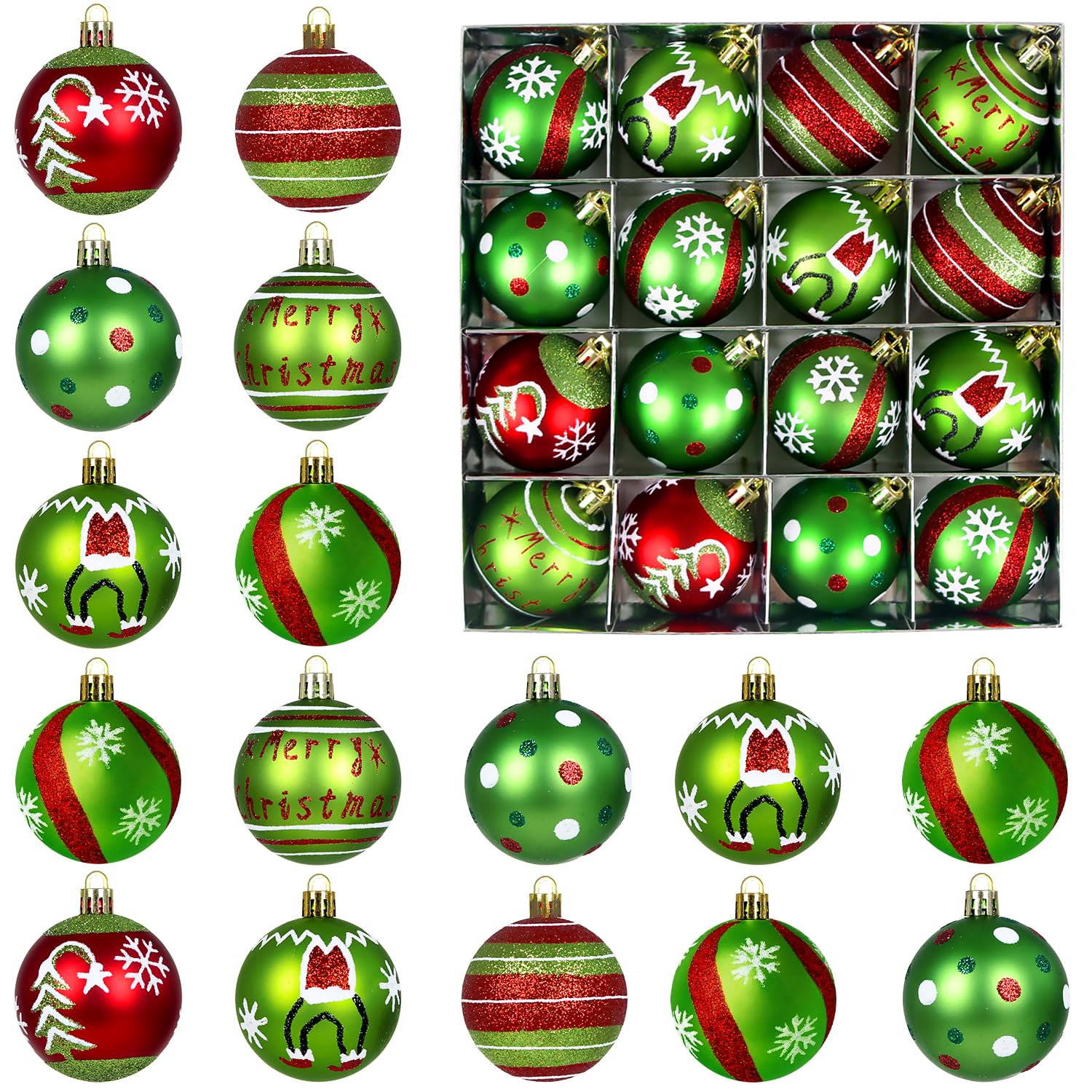 Grinch Christmas Baubles for Christmas Tree Decorations, 16 Pcs Xmas Tree Decorations with Red and Green Baubles, 6 CM Hanging Grinch Bauble Ornaments Set for Xmas Party Home Decoration