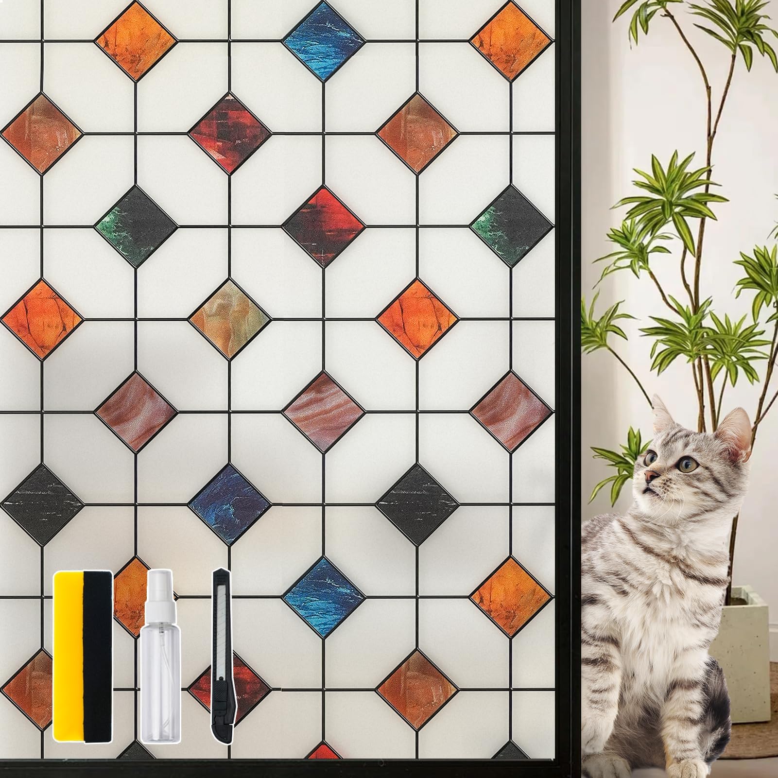 dktie stained glass window film geometric patterns, fine frosted window clings for glass windows, waterproof for bathroom window privacy film day and night (s533, 17.7in x 78.7in)