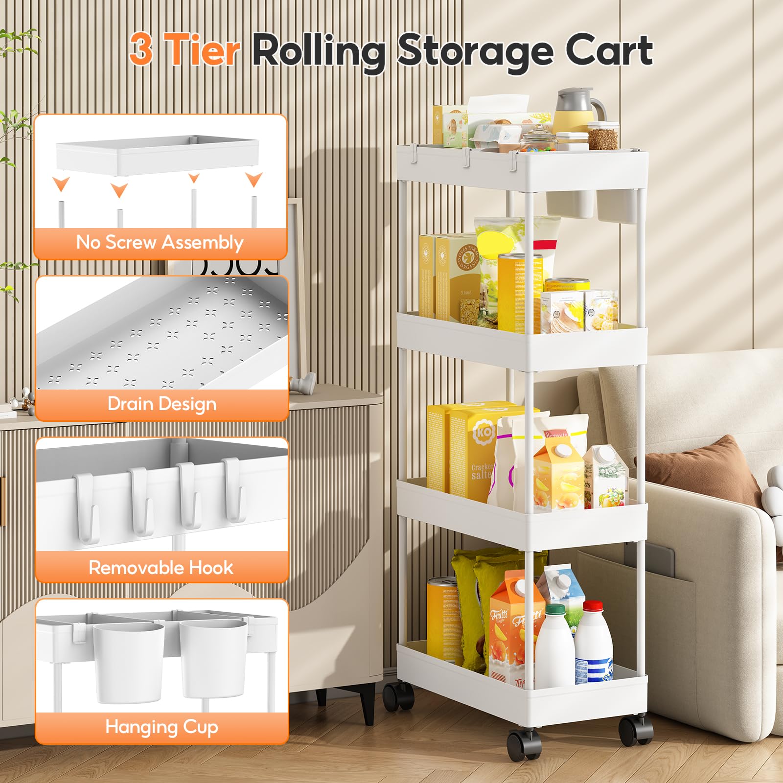 Shirvee 3PCS Carrello con Ruote a 4 Ripiani Mobile Rotelle Salvaspazio Storage Rack Bagno Cucina per Portavivande Portafrutta (Bianco)