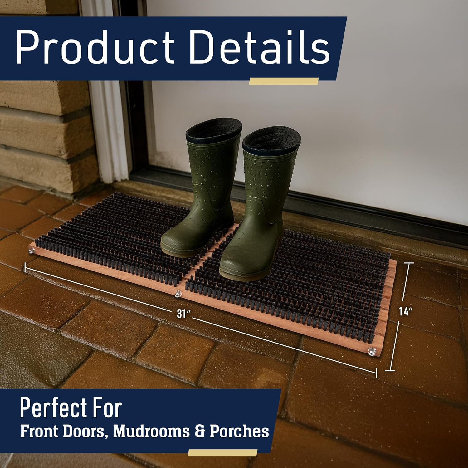 Kings County Tools Wooden Door Mat - 31.5” x 14” Boot Brush Scraper Outdoor Mat - Front Doormat Outside Entrance with Built-in PVC Shoe Cleaner Brush Bristles and Non-Slip Rubber Backing