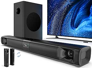melhor soundbar custo beneficio: Saiyin Barra de som para Smart TV com subwoofer, barra de som destacável de 100 W, sistema de som surround Home Theater para TV com tweeter de buzina, graves ajustáveis e HDMI-ARC/Bluetooth