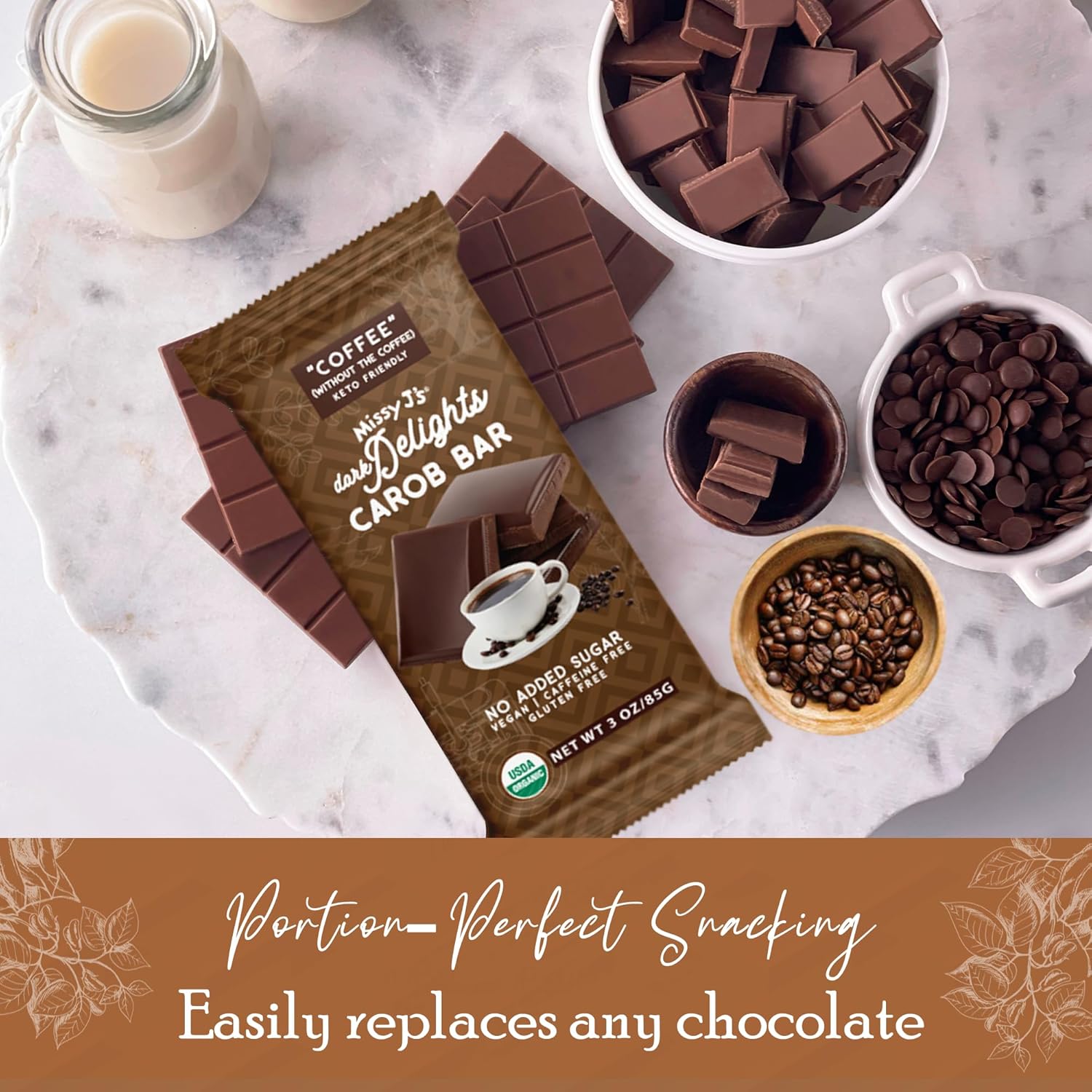 Missy J's Organic Carob Dark Delights Unsweetened Coffee Candy Bar 3 Oz 6 Pack, Vegan, Gluten and Caffeine Free, Healthy Substitute for Chocolate, Perfect for Snacks and Treats