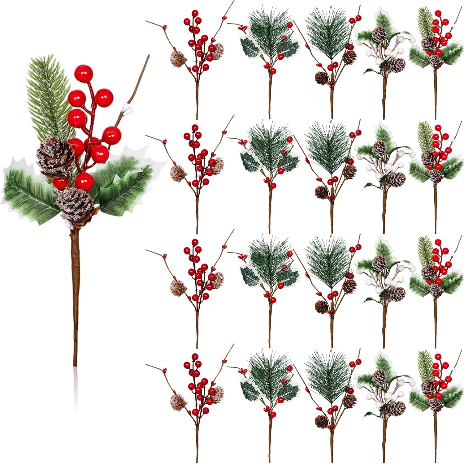 20 Pcs Red Berry Pine Cones for Crafts Evergreen Artificial Pine Branches Holly Stem, Christmas Tree Picks and Sprays Artificial Flowers for Holiday Wedding Table Centerpiece Decor (A Styles, 20 PCS)