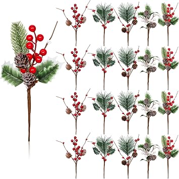 20 Pcs Red Berry Pine Cones for Crafts Evergreen Artificial Pine Branches Holly Stem, Christmas Tree Picks and Sprays Artificial Flowers for Holiday Wedding Table Centerpiece Decor A Styles, 20 PCS