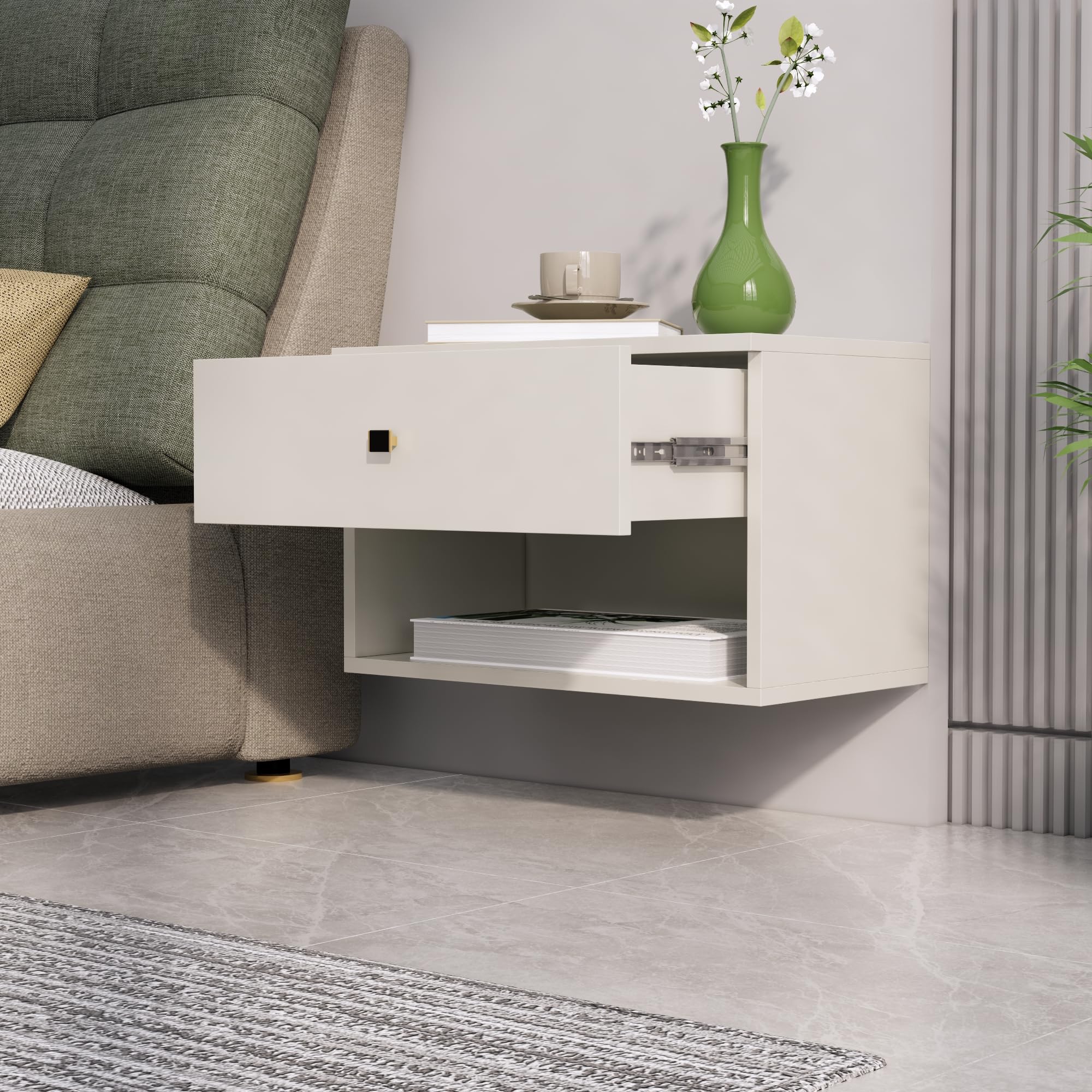 Bed Side Table with 1 Drawer for Bedroom, Nightstand, End Table with Metal Legs for Bedroom, Sofa Side for Living Room, Wall Mount Bed Side Table (Frosty White)-image-37