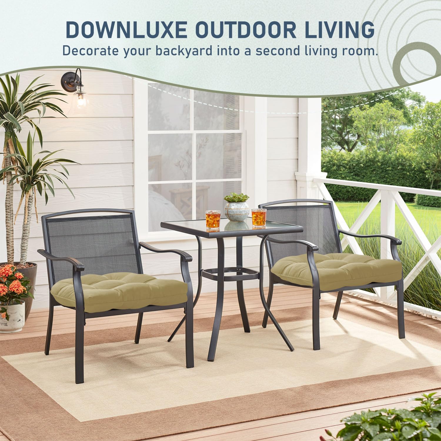 downluxe Lot de 2 Coussins de Chaise d'extérieur touffetés imperméables et surrembourrés en Mousse à mémoire de Forme pour Meubles de terrasse – 48,3 x 48,3 x 12,7 cm – Kaki