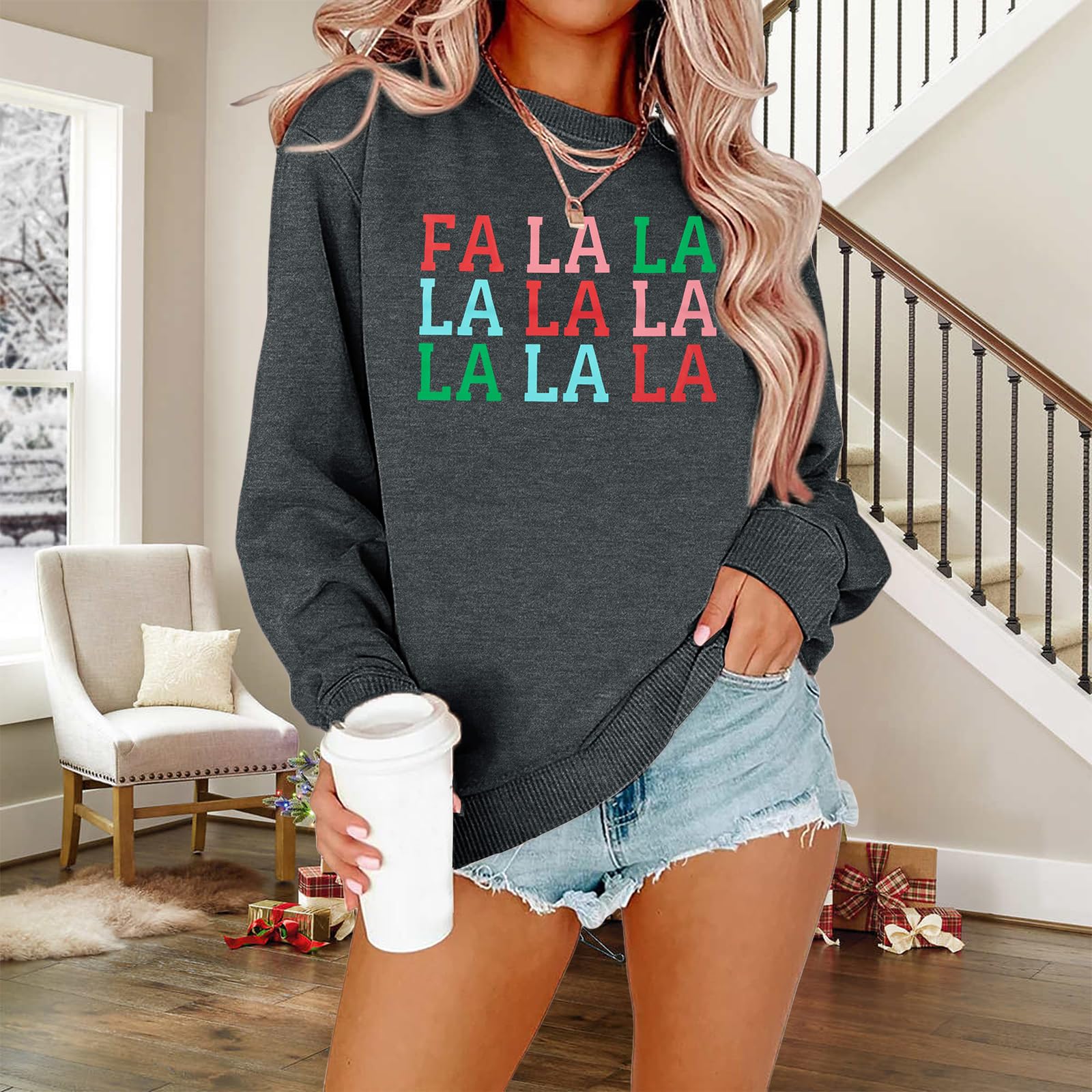 Christmas Sweatshirt for Women FA La La La Print Pullover Tops Casual ...