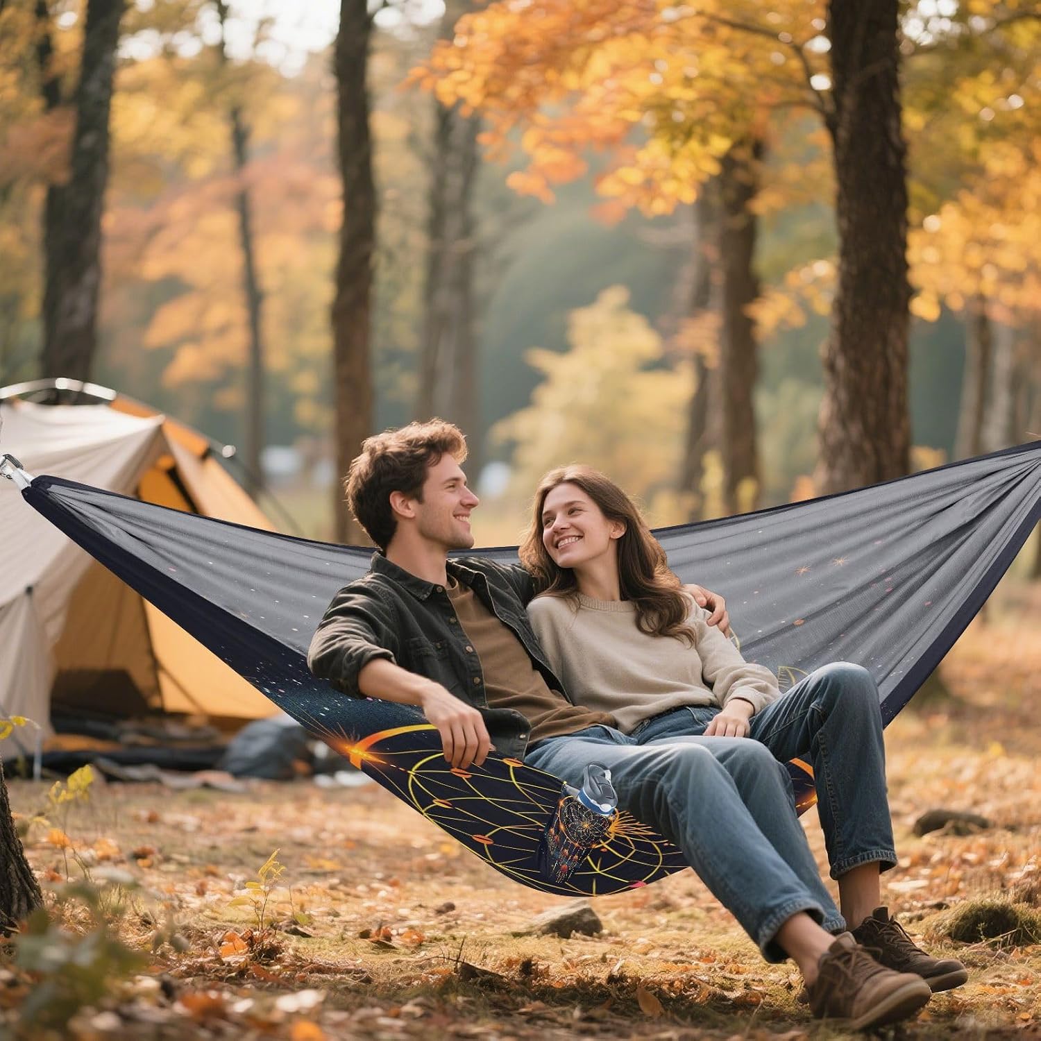 ALAZA Gold Dreamcatcher Camping Hammocks Single or 2 Person 500 lbs Portable Parachute Travel Hammock w/Tree Straps for Hiking Backpacking Indoor Outdoor