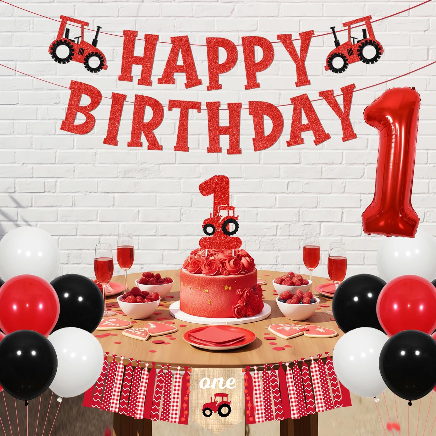 Red Tractor 1st Birthday Party Decorations Farm Tractor Happy Birthday Banner Gold Glitter Tractor Cake Topper Balloons for Kids Boys Girs First Birthday Party Supplies