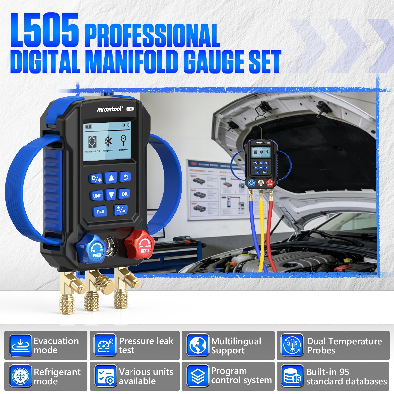 MRCARTOOL Digitales Manifold-Messgerät L505 für 95 Kältemittel R410A R1234yf R22 R32,Hochpräzise Evakuierung,Druck-,Temperaturprüfung,Kältemittelbefüllung und Lecktest für Klimaanlagen