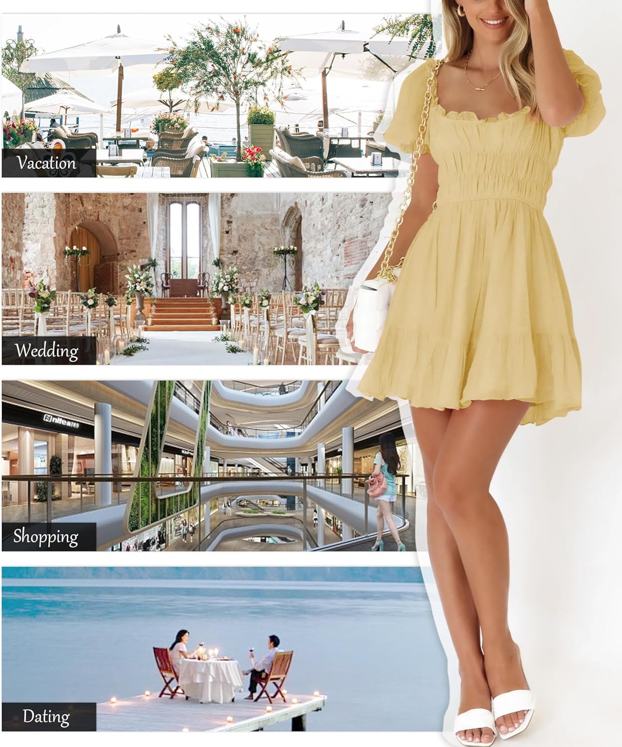 Women's Square Neck Puff Sleeve Mini Dresses Ruffle Elastic Waist A-Line Elegant Summer Casual Flowy Mini Dress - Image 5