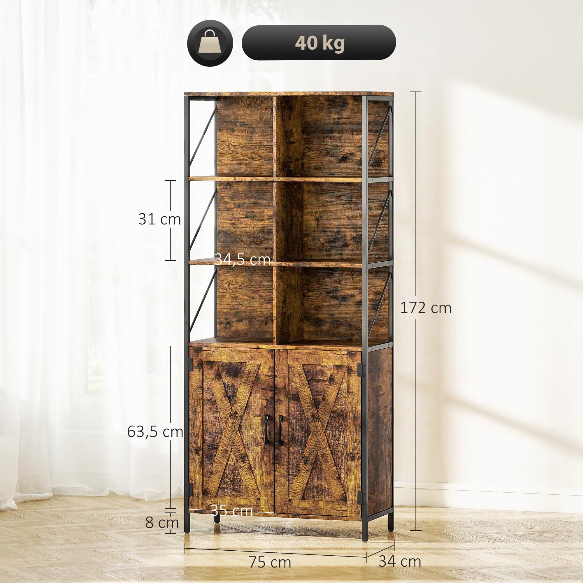 HOMCOM Librería de 6 Niveles Estilo Industrial 75x34x172 cm Marrón Rústico | Estantería de Libros Organizador, 6 Compartimentos Abiertos, 2 Puertas, Estante Ajustable, Salón Oficina Dormitorio