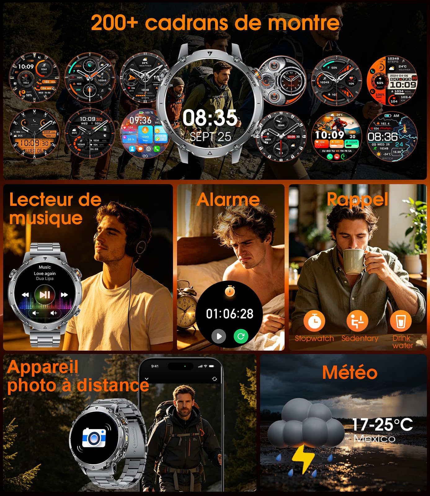 LIGE Montre Connectée Homme, Batterie 1400mAh, Écran HD 1,7 Pouce, Lampe LED, 110+ Modes Sport Montre Militaire Homme, Suivi Sommeil, IP68 Étanche, Smartwatch pour Android iOS, 2 Bracelets, Noir