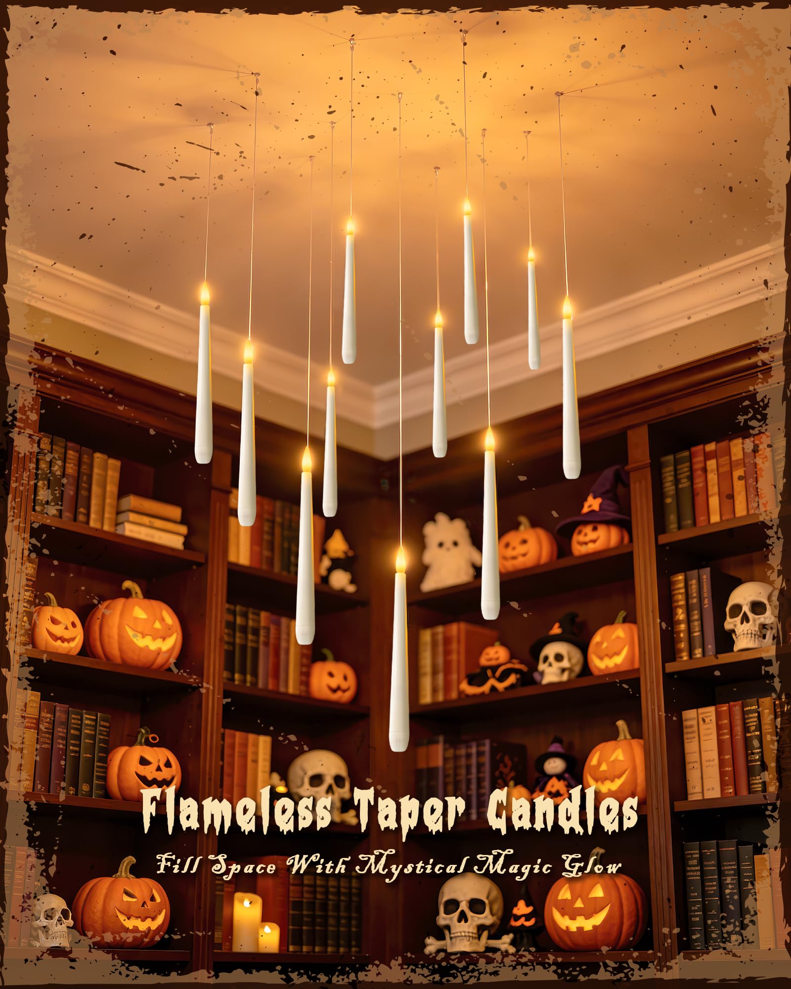 Lot de 20 bougies flottantes avec baguette, bougies magiques à suspendre avec ficelle, lumière chaude vacillante, bougies coniques à piles pour Halloween, anniversaire, intérieur, décoration de