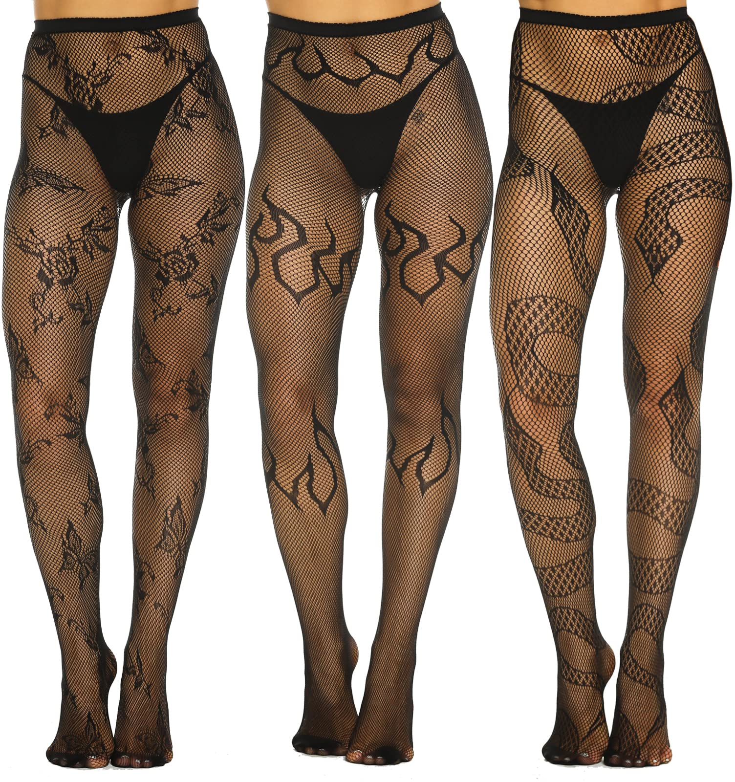 MANZI Fishnet Tights for Women Patterned Fishnets Stockings - One Size Black Stockings-snake